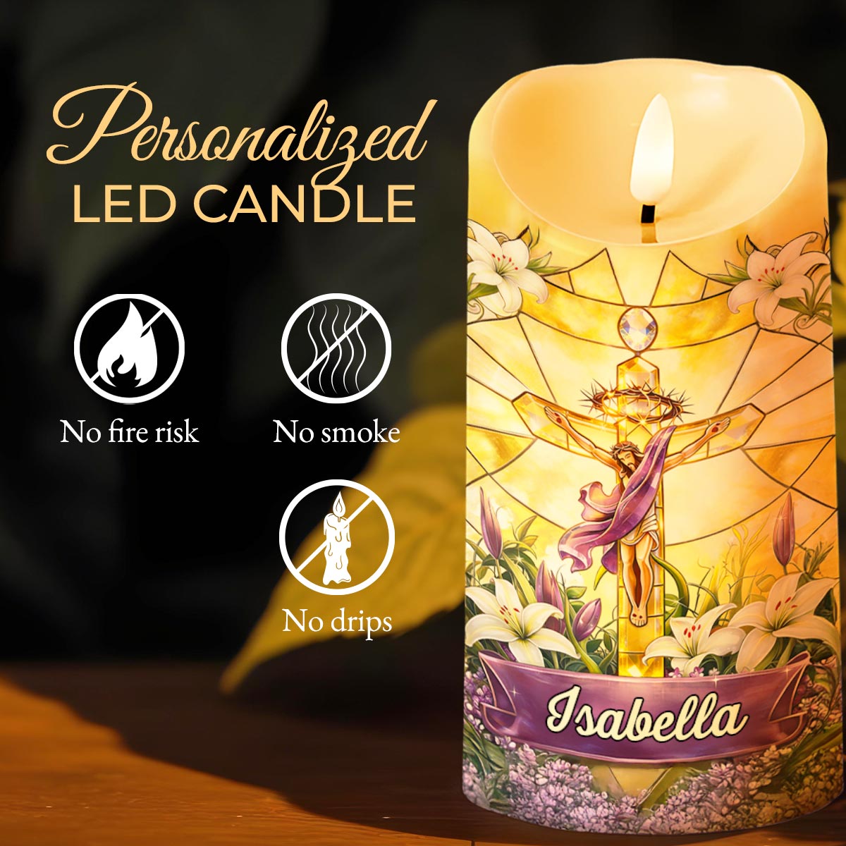 He Is Risen Stained Glass Jesus With White Lilies Flowers - Personalized Custom LED Candle - FTH140_LECA
