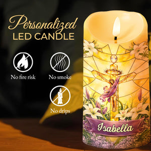 He Is Risen Stained Glass Jesus With White Lilies Flowers - Personalized Custom LED Candle - FTH140_LECA