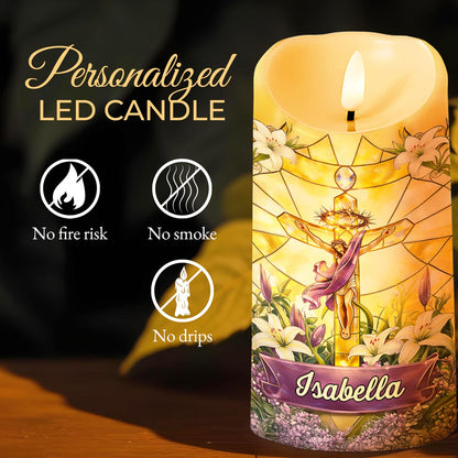 He Is Risen Stained Glass Jesus With White Lilies Flowers - Personalized Custom LED Candle - FTH140_LECA