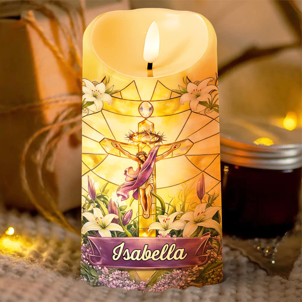 He Is Risen Stained Glass Jesus With White Lilies Flowers - Personalized Custom LED Candle - FTH140_LECA