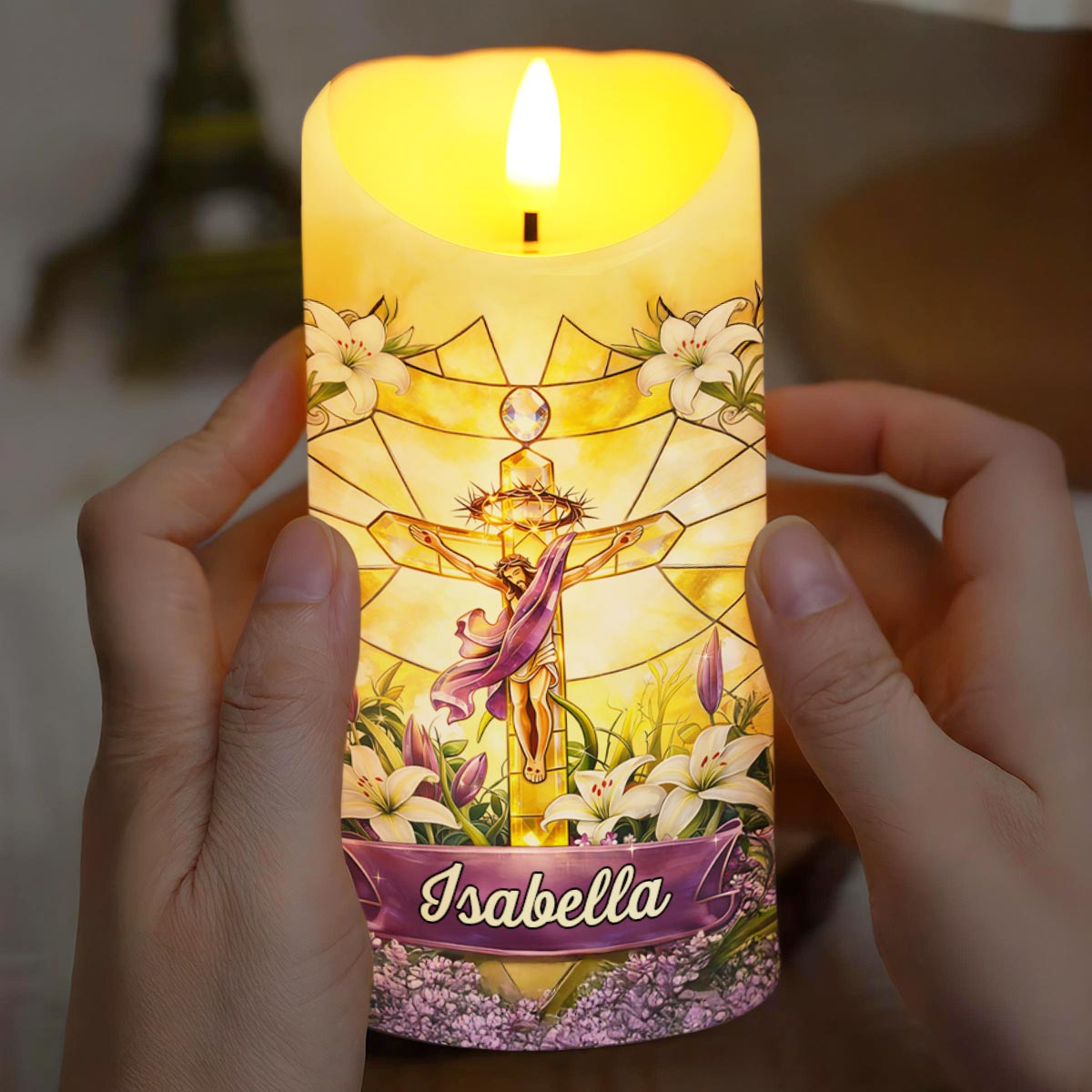 He Is Risen Stained Glass Jesus With White Lilies Flowers - Personalized Custom LED Candle - FTH140_LECA