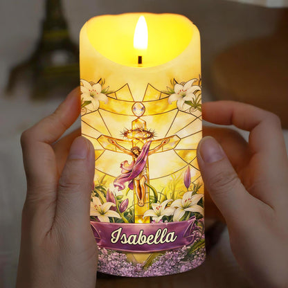 He Is Risen Stained Glass Jesus With White Lilies Flowers - Personalized Custom LED Candle - FTH140_LECA