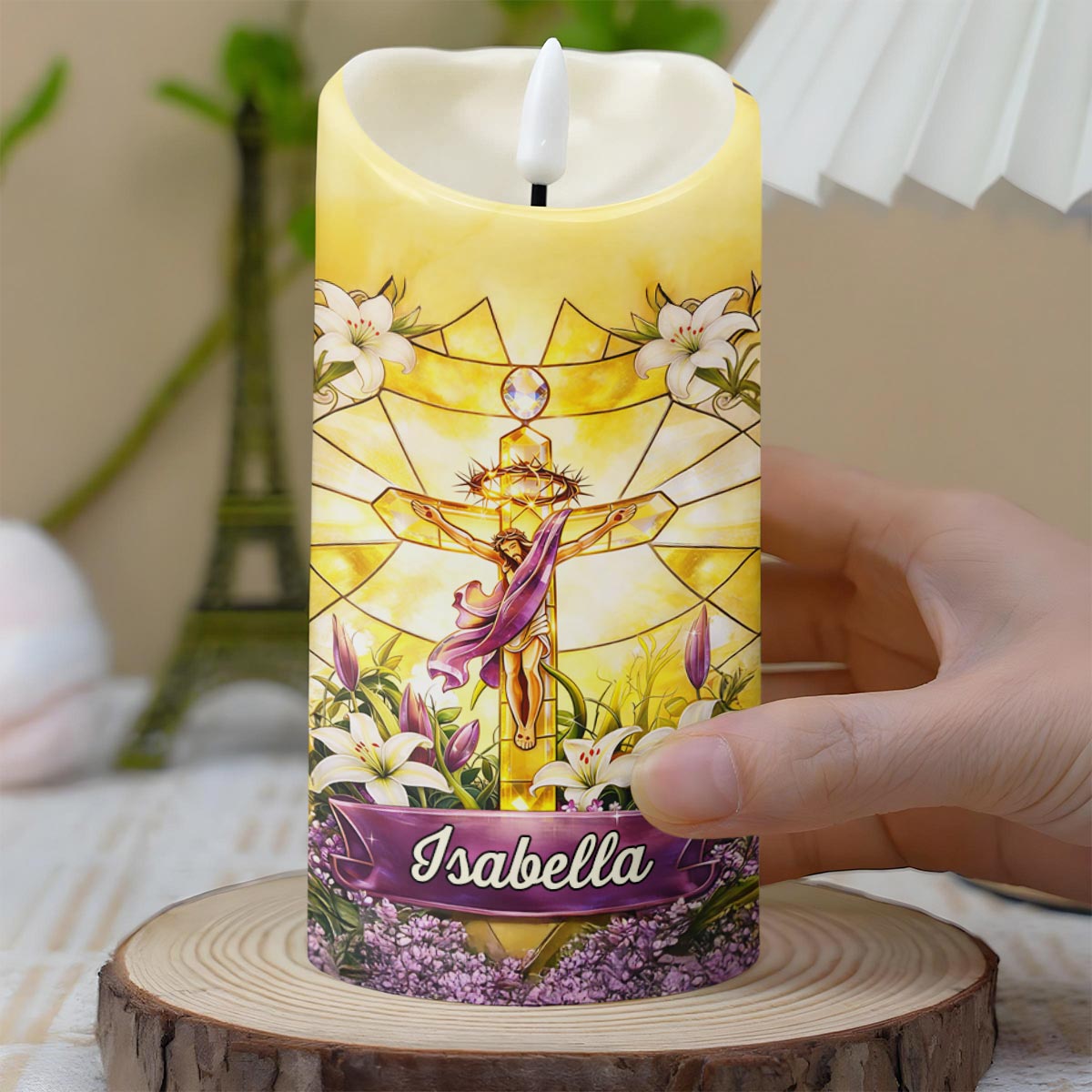 He Is Risen Stained Glass Jesus With White Lilies Flowers - Personalized Custom LED Candle - FTH140_LECA