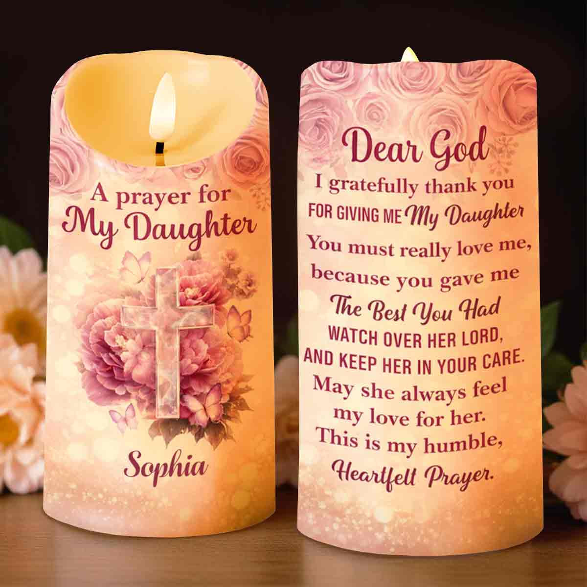 A Prayer For My Daughter With Floral Cross And Butterflies - Personalized Custom LED Candle - FTH148_LECA