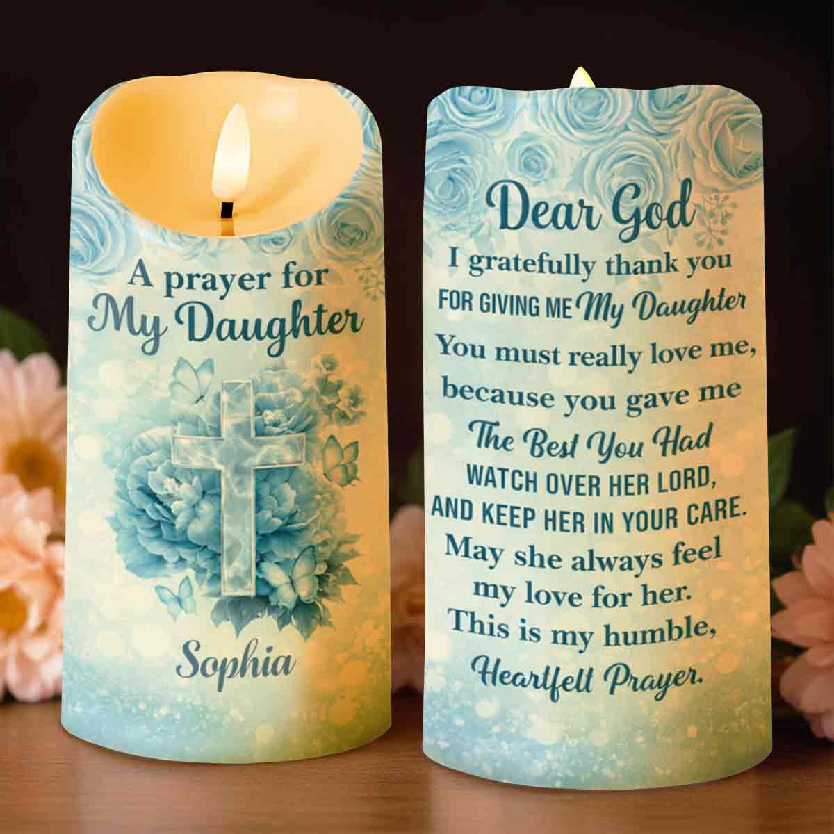 A Prayer For My Daughter With Floral Cross And Butterflies - Personalized Custom LED Candle - FTH148_LECA