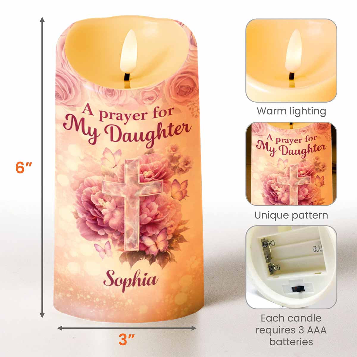 A Prayer For My Daughter With Floral Cross And Butterflies - Personalized Custom LED Candle - FTH148_LECA