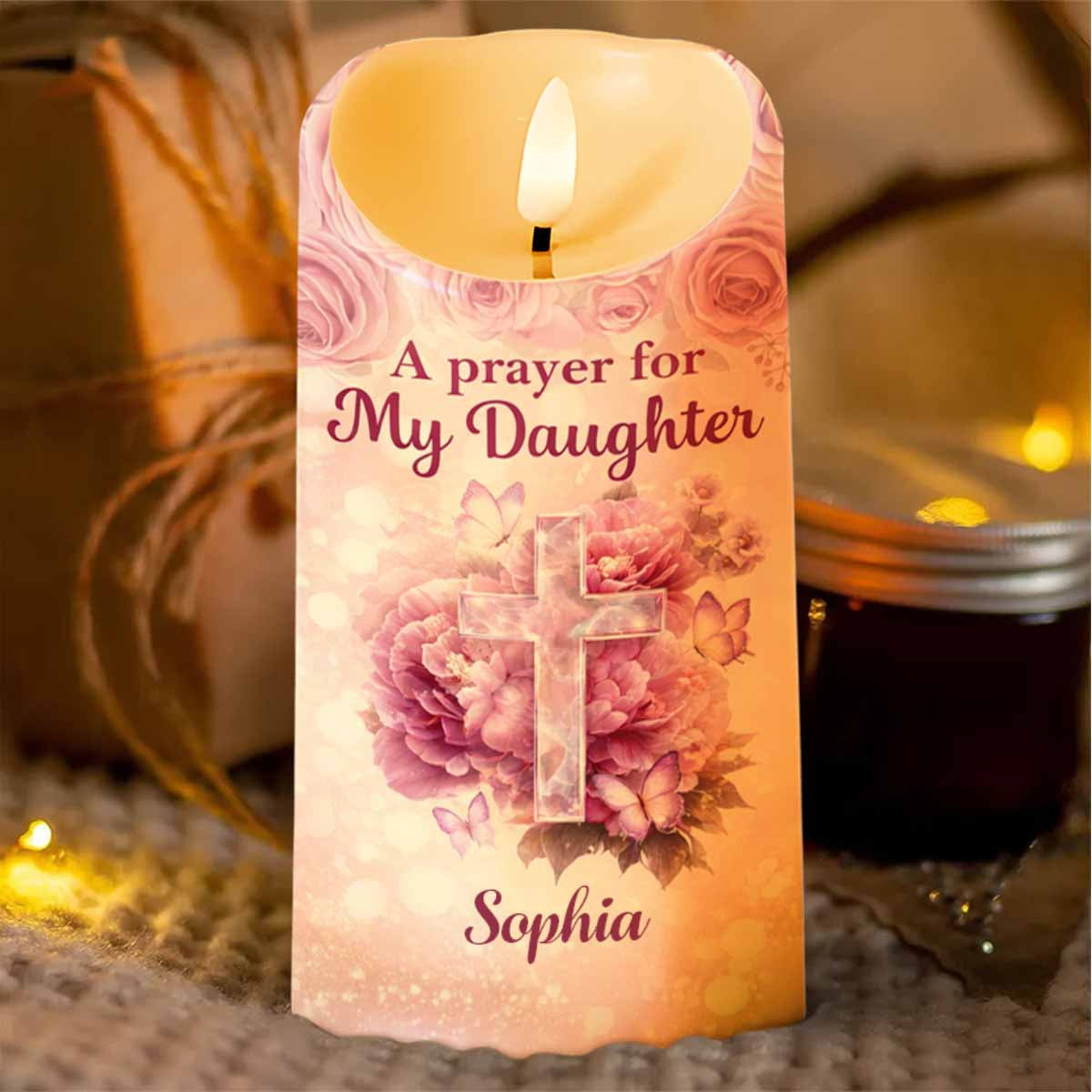A Prayer For My Daughter With Floral Cross And Butterflies - Personalized Custom LED Candle - FTH148_LECA