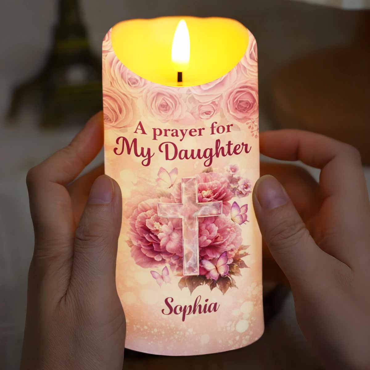 A Prayer For My Daughter With Floral Cross And Butterflies - Personalized Custom LED Candle - FTH148_LECA