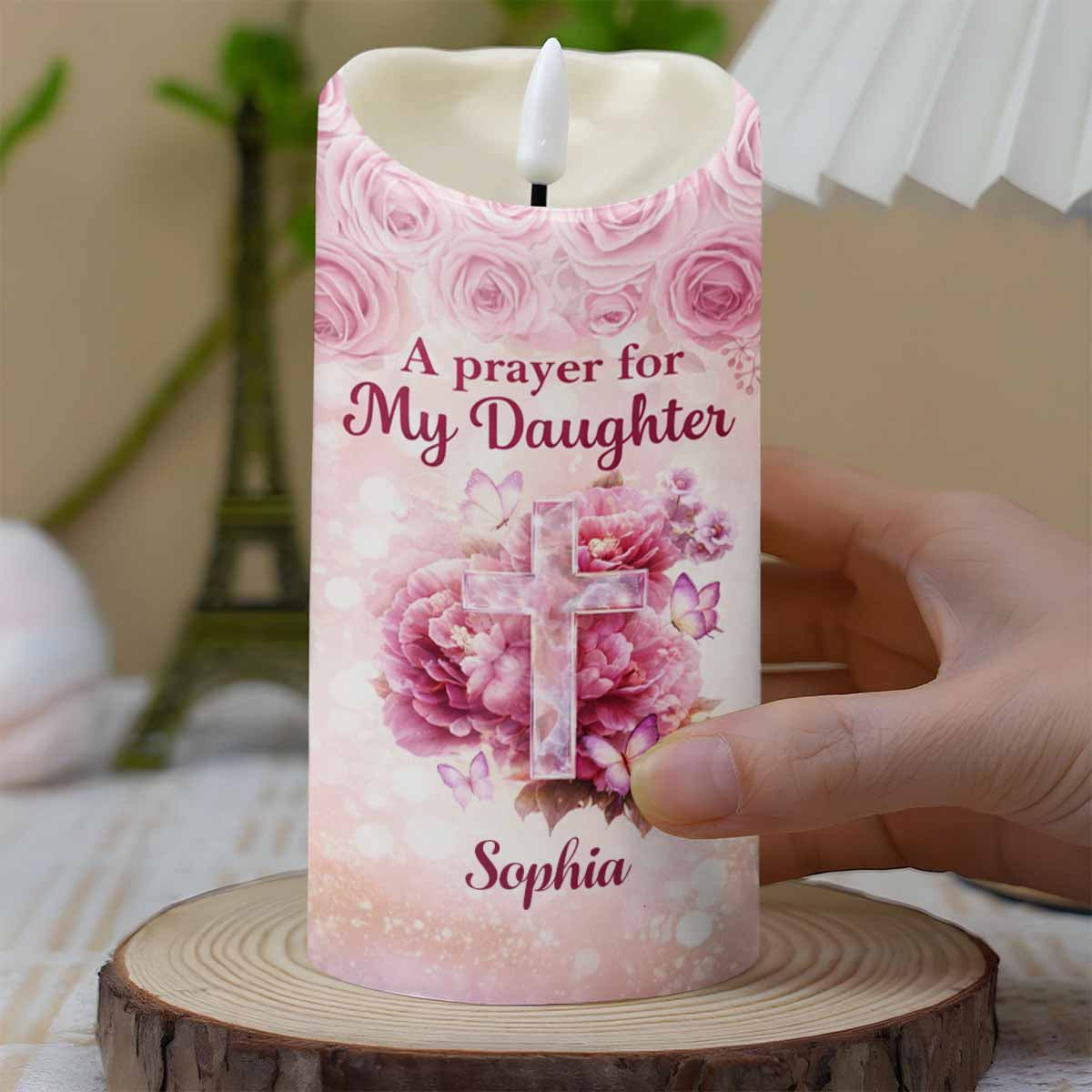 A Prayer For My Daughter With Floral Cross And Butterflies - Personalized Custom LED Candle - FTH148_LECA