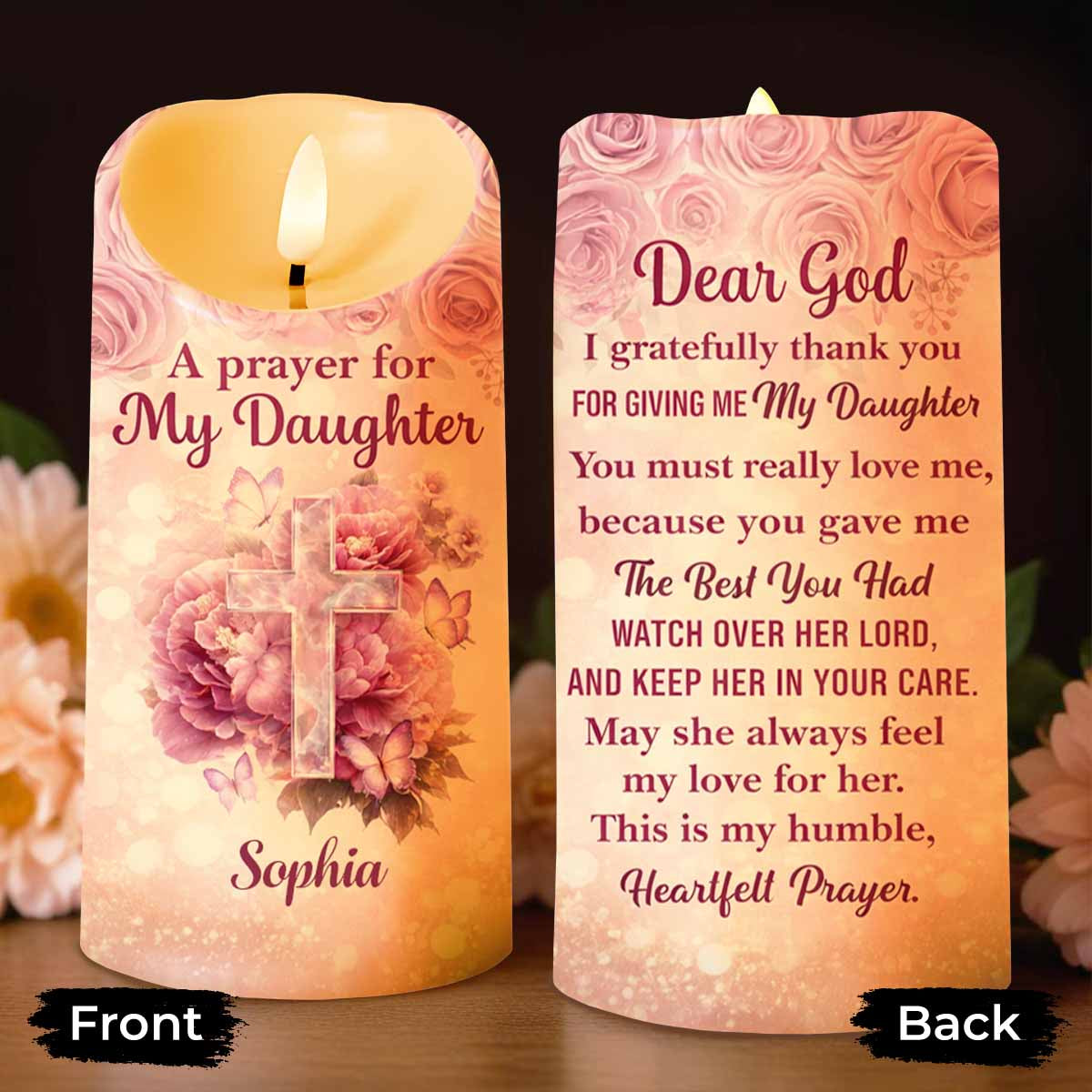 A Prayer For My Daughter With Floral Cross And Butterflies - Personalized Custom LED Candle - FTH148_LECA