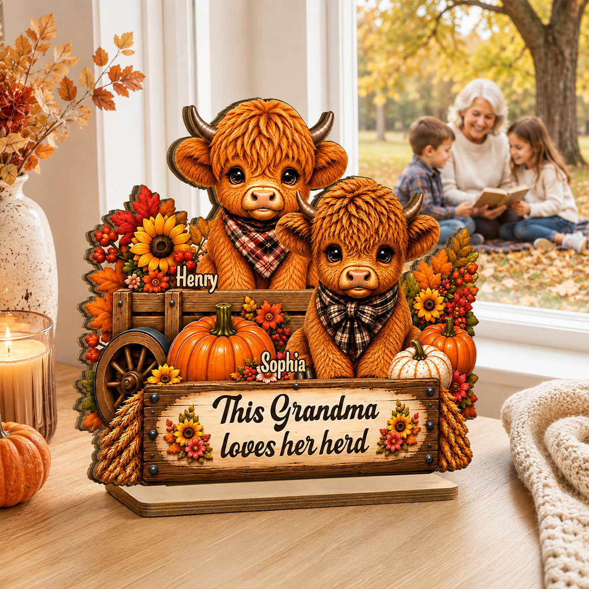 Grandma Loves Her Herd Autumn Leopard - Personalized 2-Layered Wooden Plaque