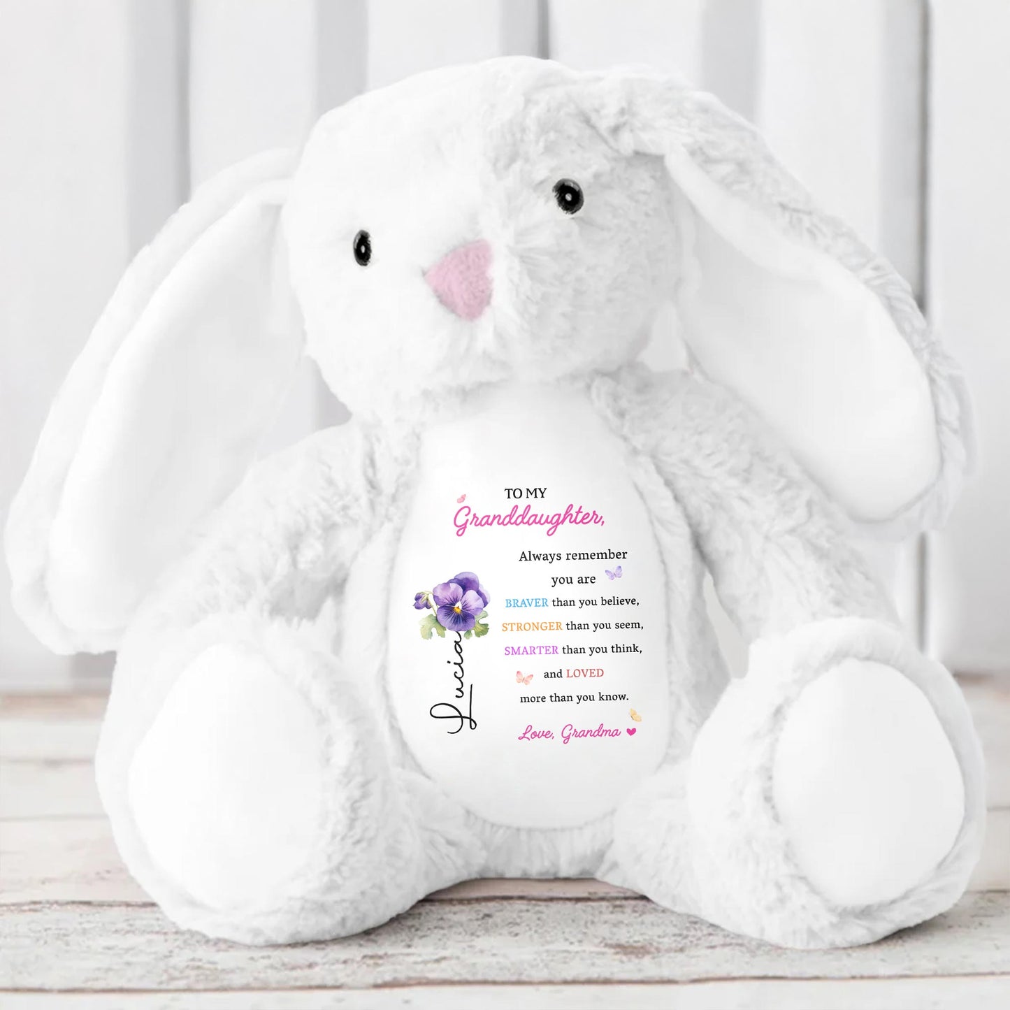 To My Granddaughter, Always Remember You Are Braver, Stuffed Bunny and Flowers - Personalized Stuffed Bunny - GDT002_BUN