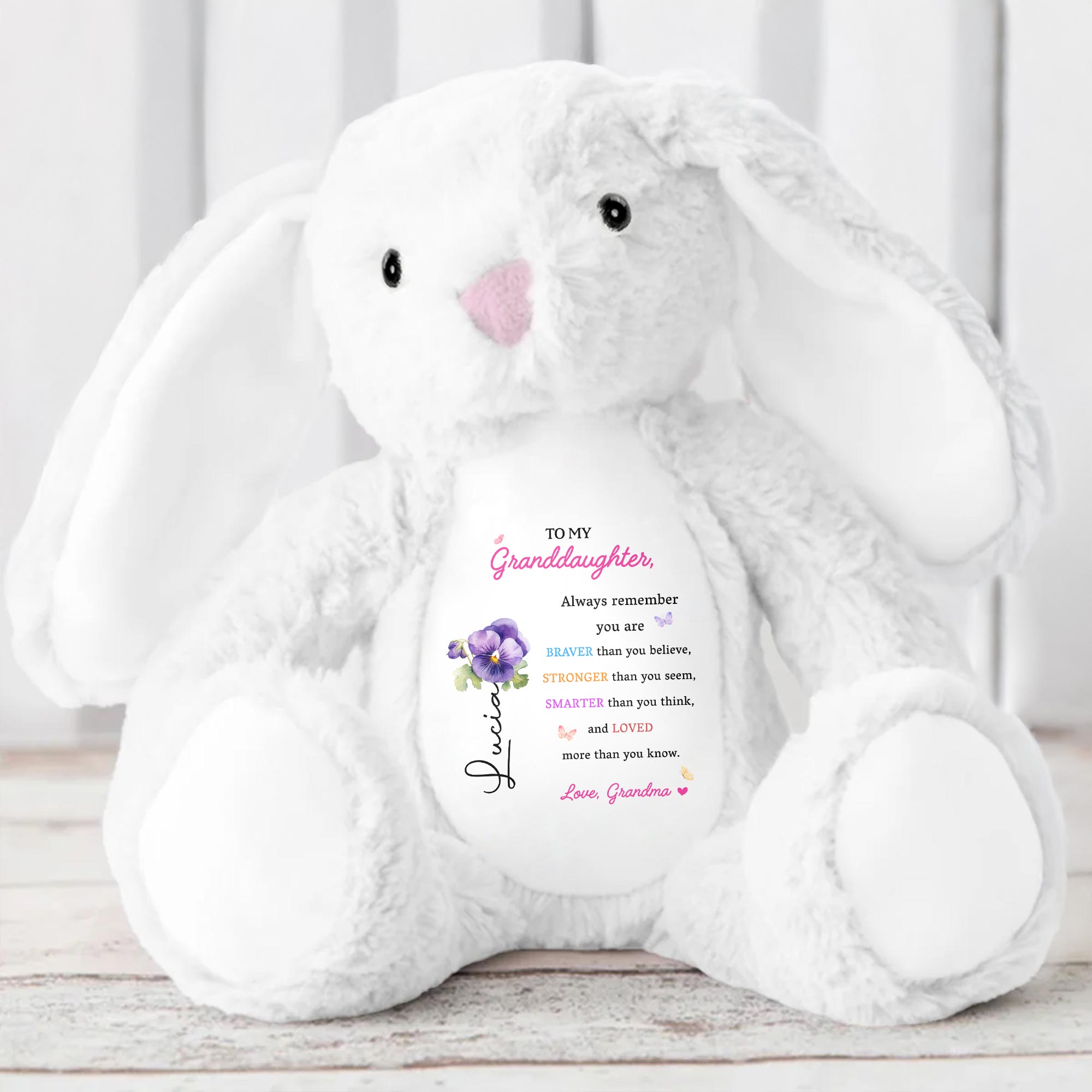 To My Granddaughter, Always Remember You Are Braver, Stuffed Bunny and Flowers - Personalized Stuffed Bunny - GDT002_BUN
