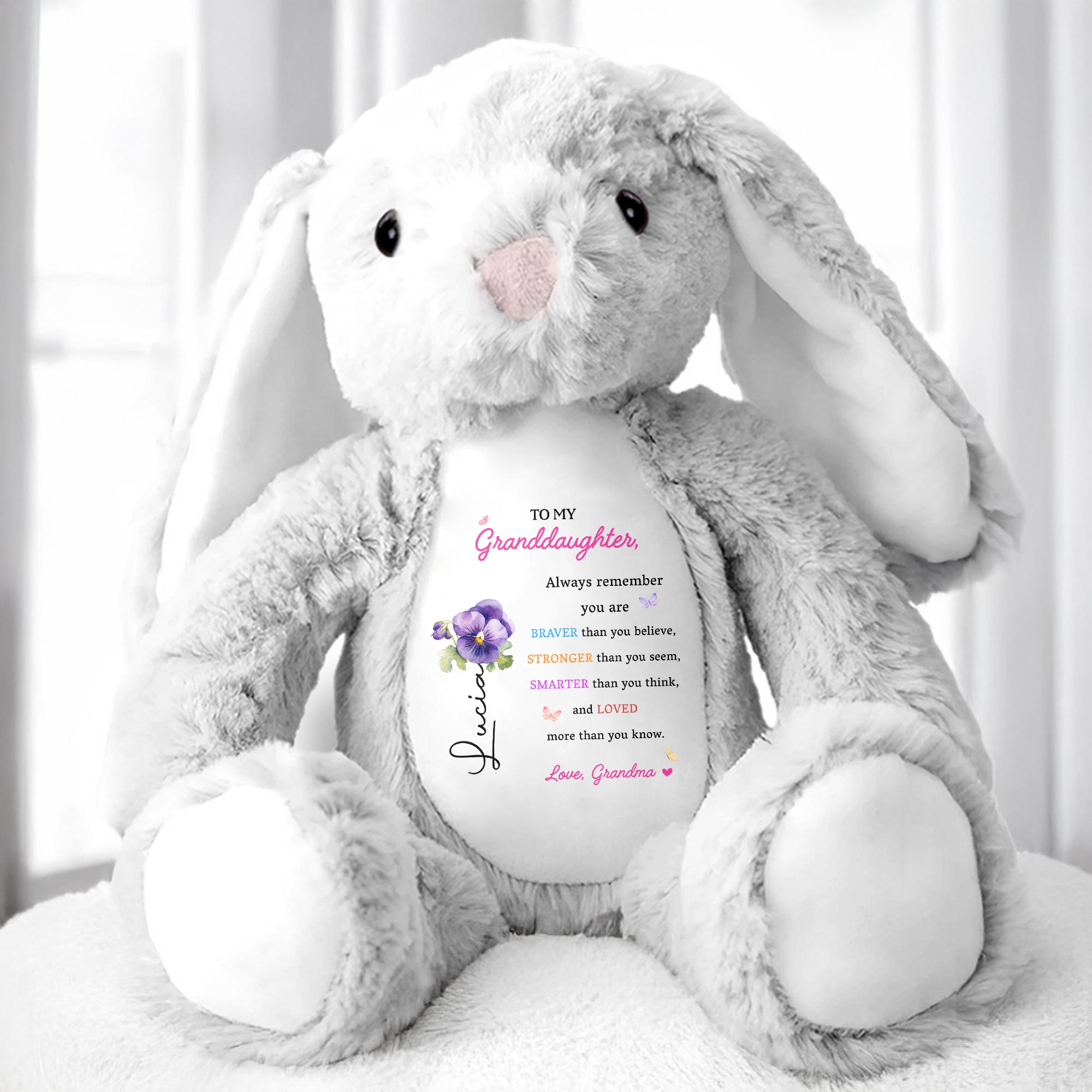 To My Granddaughter, Always Remember You Are Braver, Stuffed Bunny and Flowers - Personalized Stuffed Bunny - GDT002_BUN