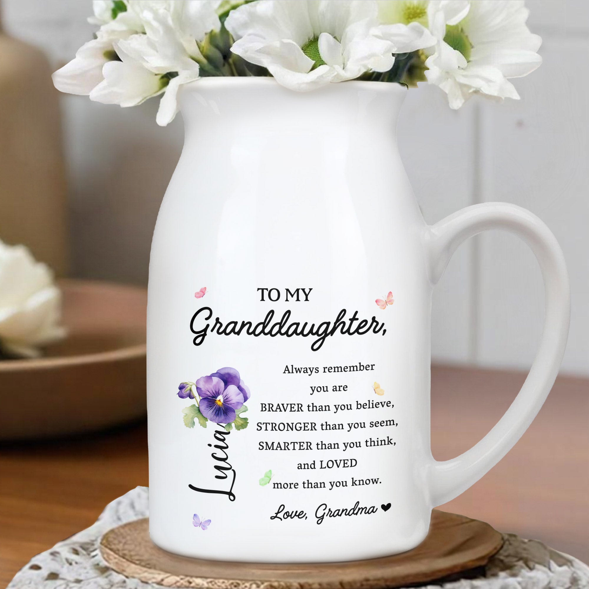 Braver, Stronger, Smarter Granddaughter Love Message With Flowers - Personalized Ceramic Flower Vase