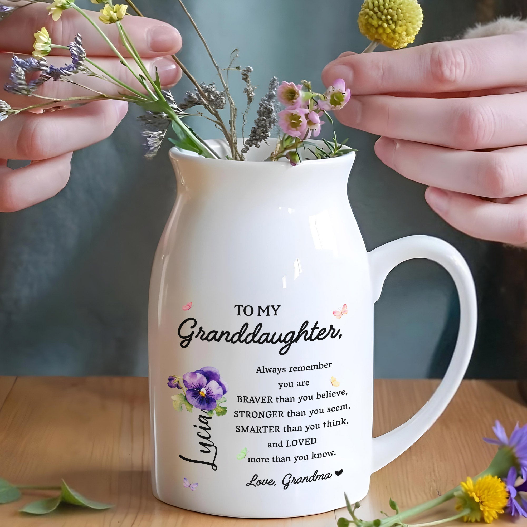 Braver, Stronger, Smarter Granddaughter Love Message With Flowers - Personalized Ceramic Flower Vase