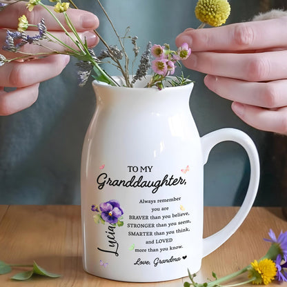 Braver, Stronger, Smarter Granddaughter Love Message With Flowers - Personalized Ceramic Flower Vase