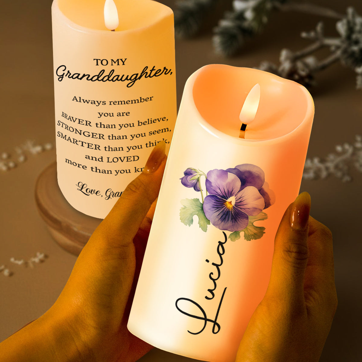 Braver Stronger Smarter Loved Inspirational Quote With Flowers - Personalized Custom LED Candle - GDT002_LECA