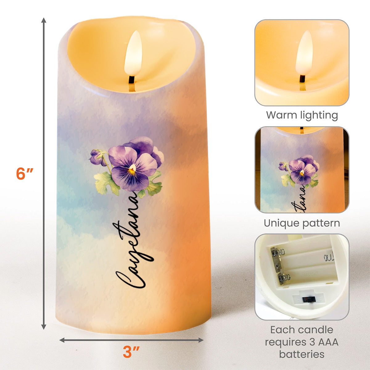 Personalized Pansy Flower LED Candle - Personalized Custom LED Candle - GDT018_LECA