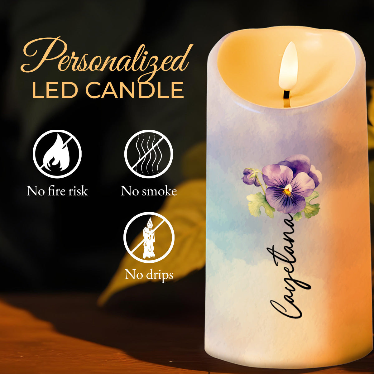 Personalized Pansy Flower LED Candle - Personalized Custom LED Candle - GDT018_LECA
