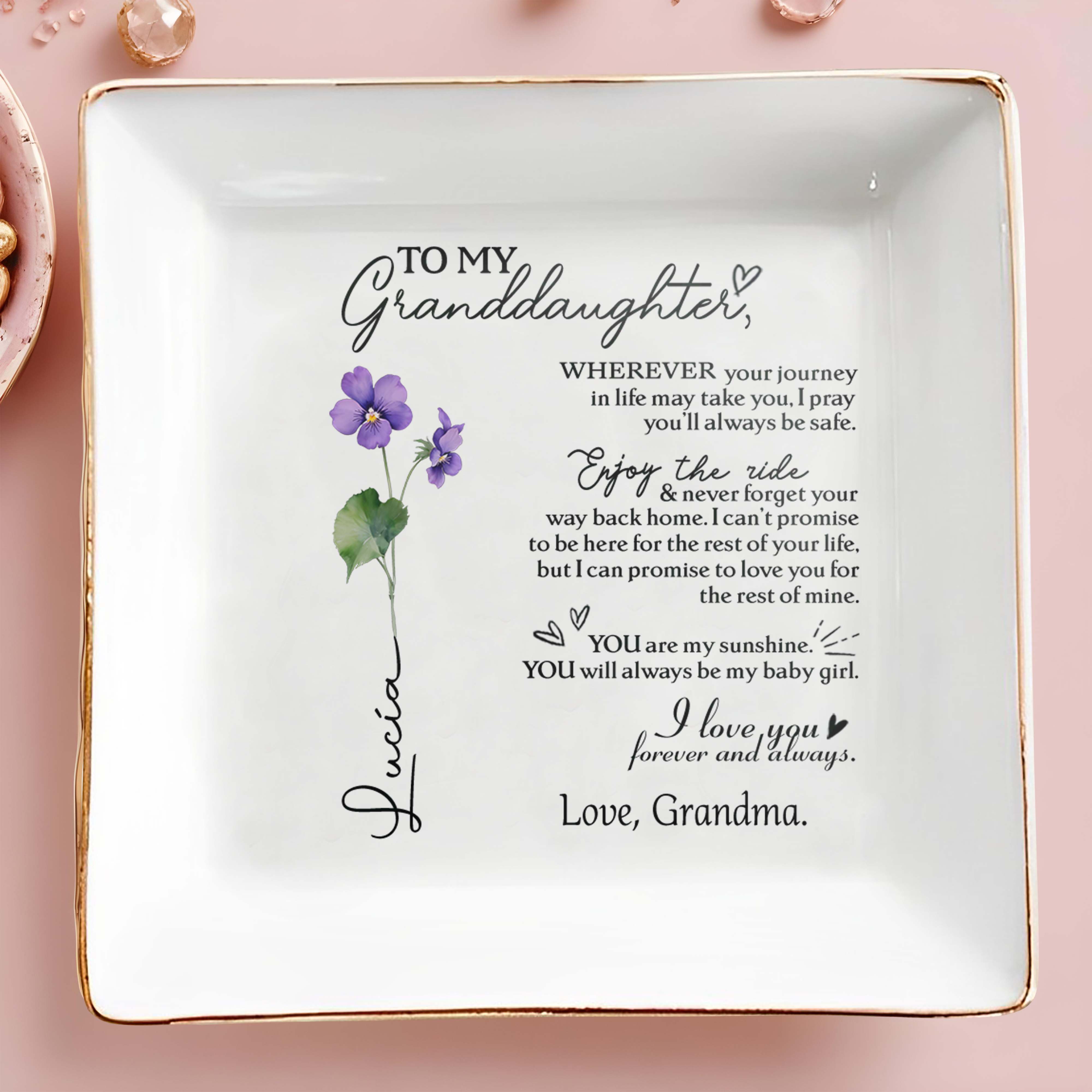 Love Grandmas Forever Message To Granddaughter Floral Design - Personalized Custom Jewelry Dish - GDT022_SCRD