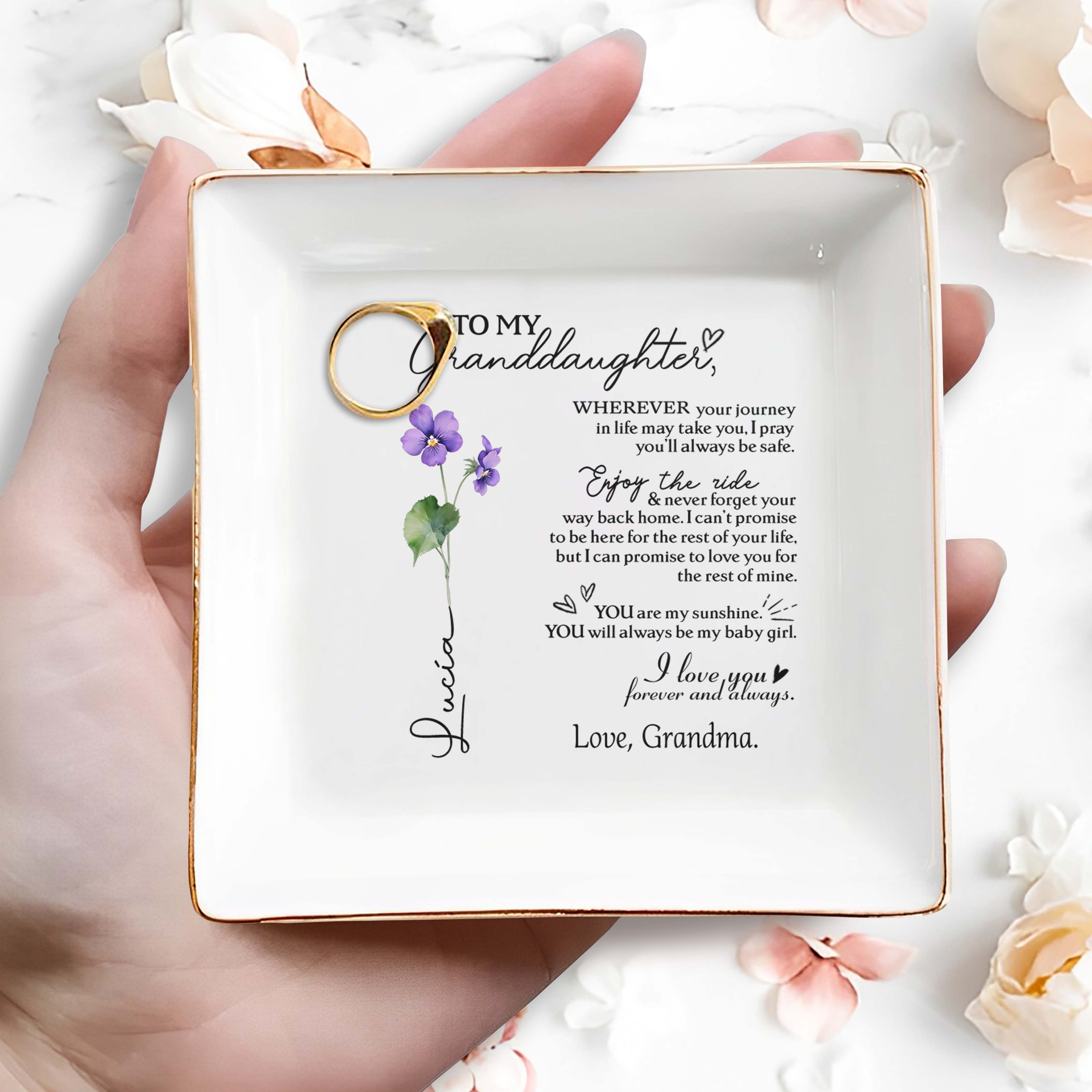 Love Grandmas Forever Message To Granddaughter Floral Design - Personalized Custom Jewelry Dish - GDT022_SCRD
