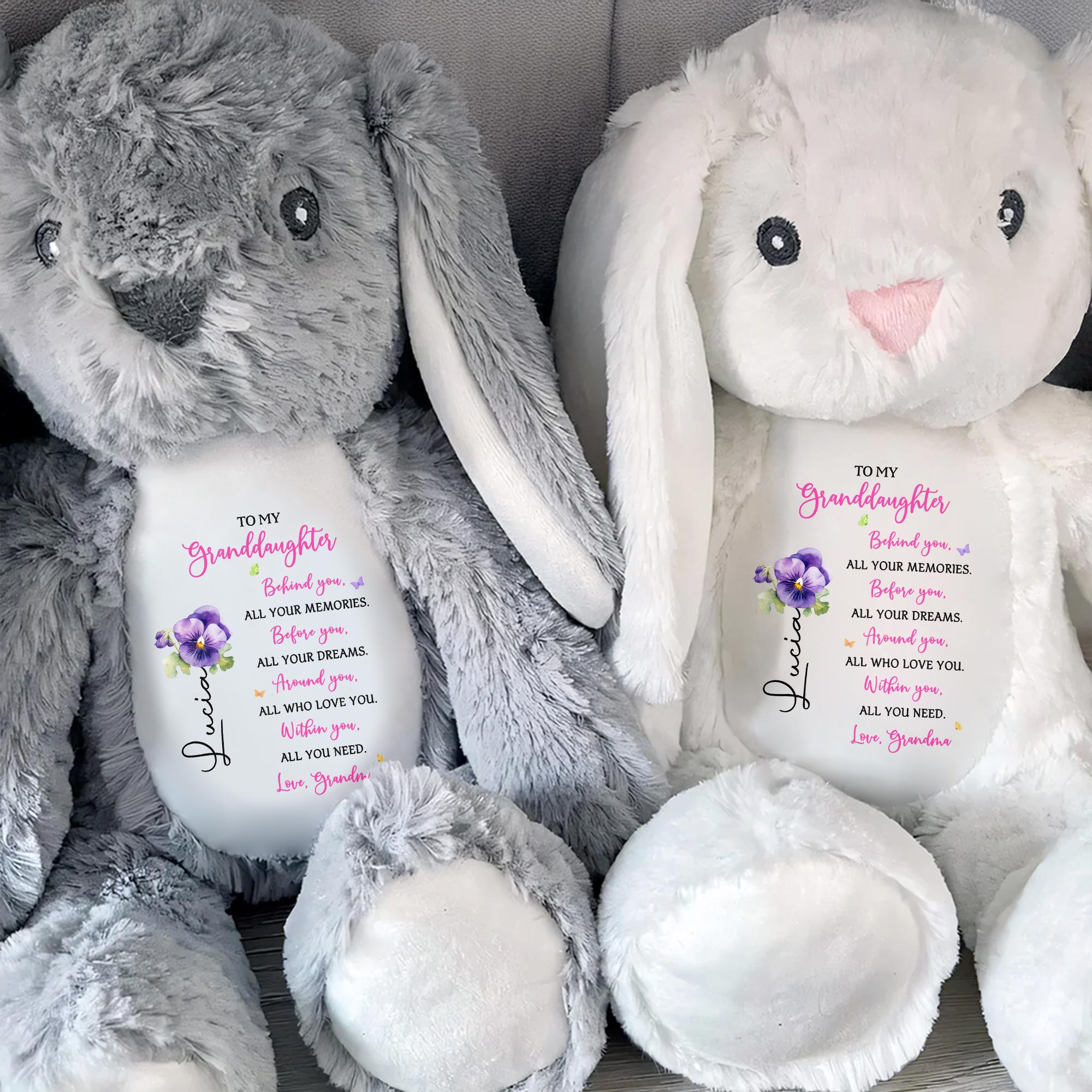 To My Granddaughter, Behind You, All Your Memories, Stuffed Bunny and Flower - Personalized Stuffed Bunny - GDT024_BUN
