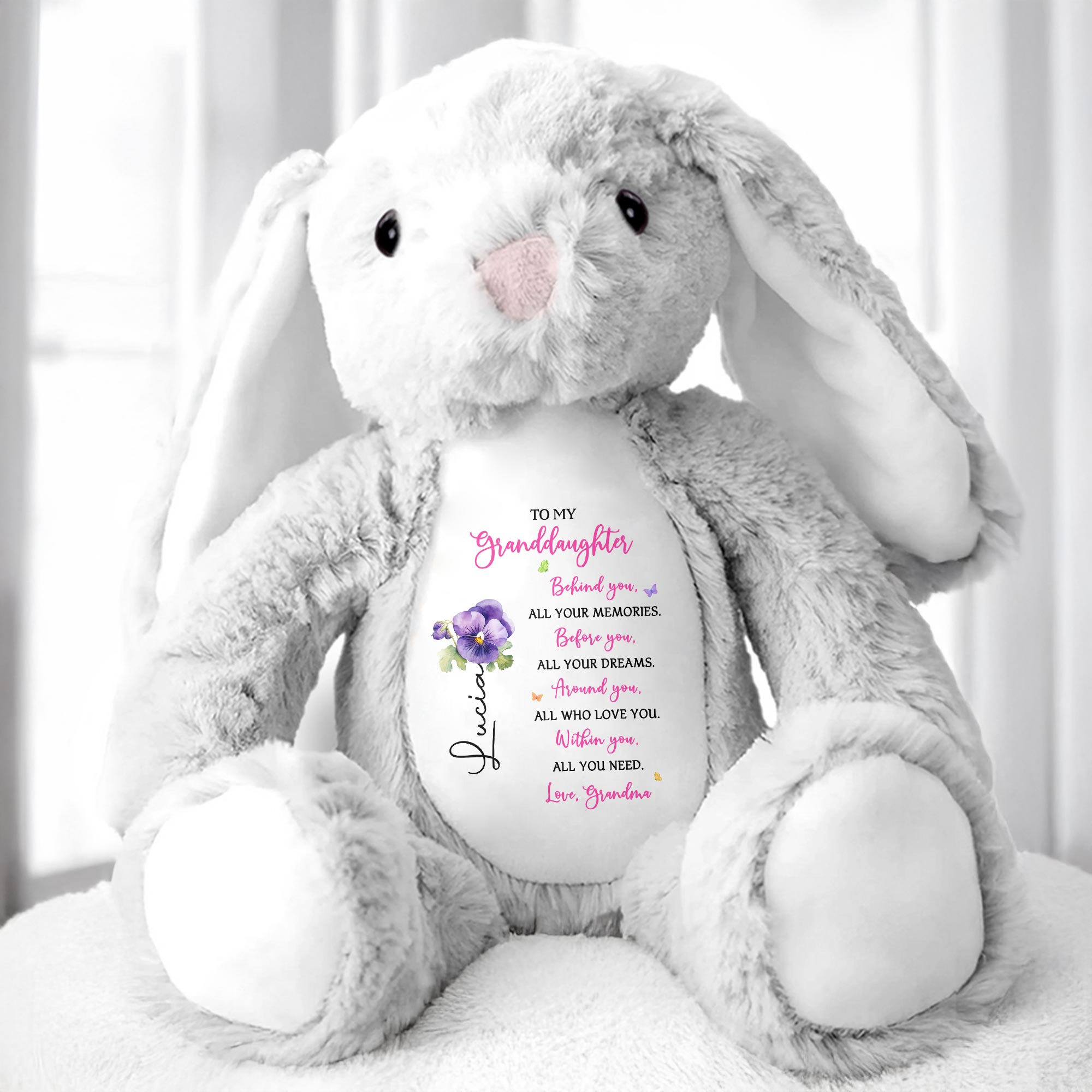 To My Granddaughter, Behind You, All Your Memories, Stuffed Bunny and Flower - Personalized Stuffed Bunny - GDT024_BUN