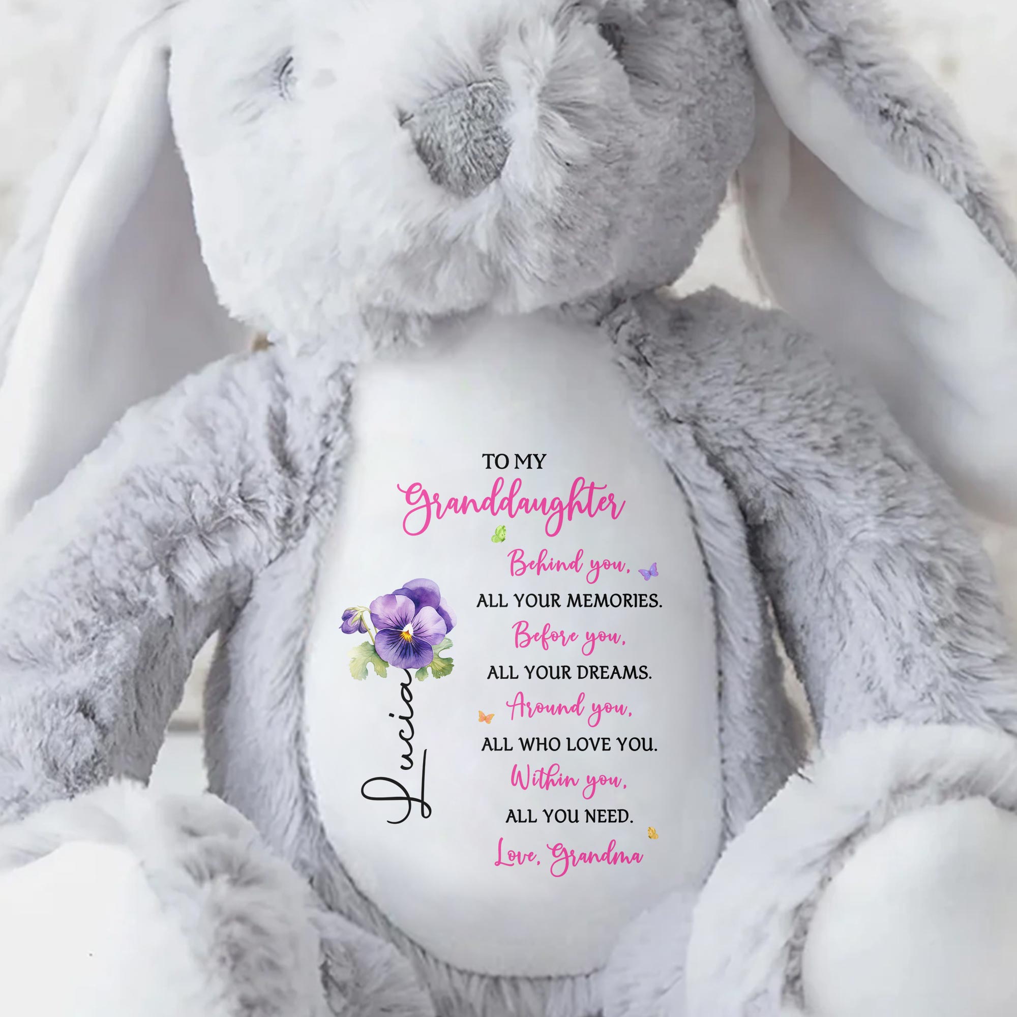 To My Granddaughter, Behind You, All Your Memories, Stuffed Bunny and Flower - Personalized Stuffed Bunny - GDT024_BUN