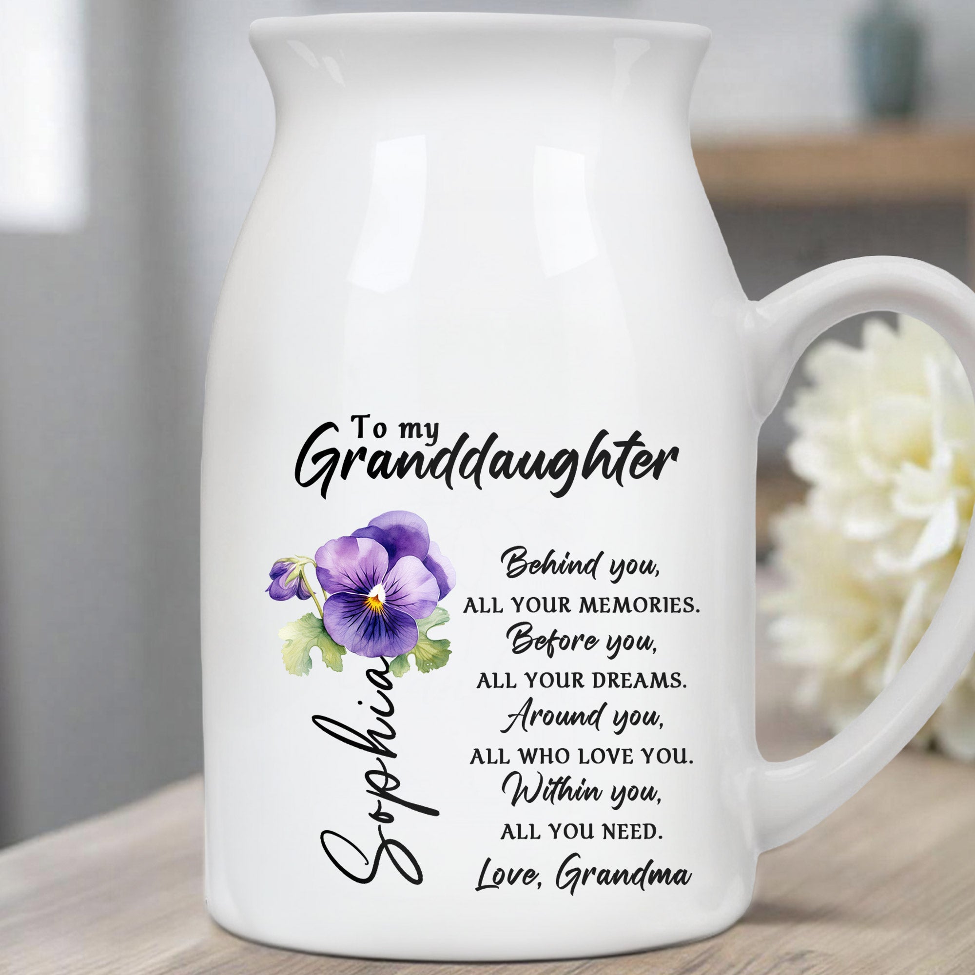 To My Granddaughter Love Grandma Message With Flowers - Personalized Ceramic Flower Vase