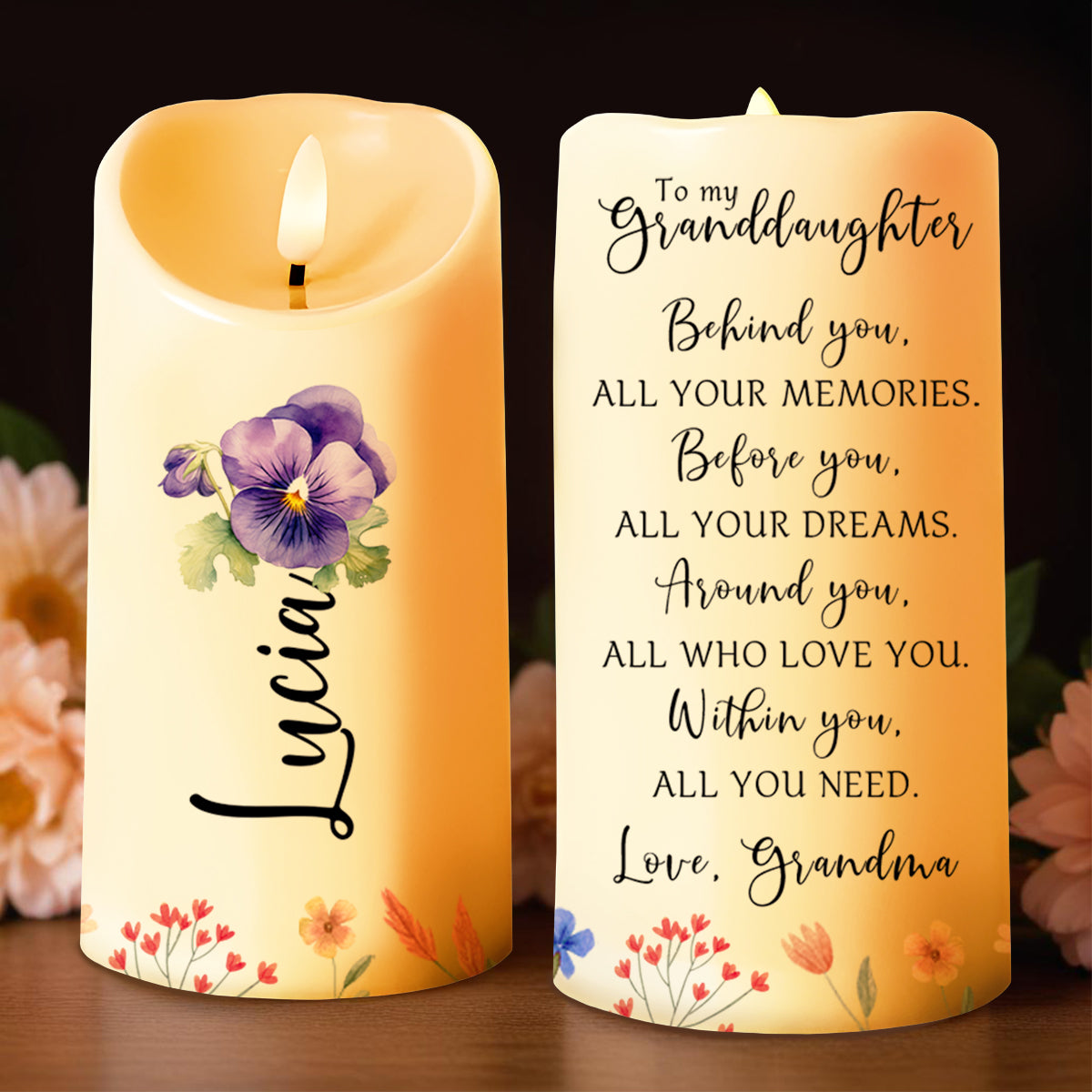 Memories and Dreams Floral Candle Design - Personalized Custom LED Candle - GDT024_LECA