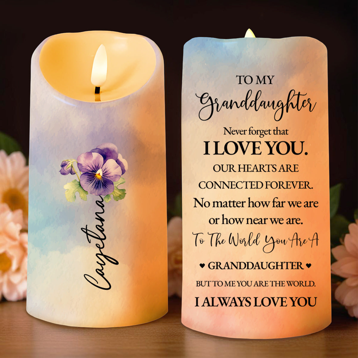To My Granddaughter, Always Connected, Love And Flowers - Personalized Custom LED Candle - GDT028_LECA