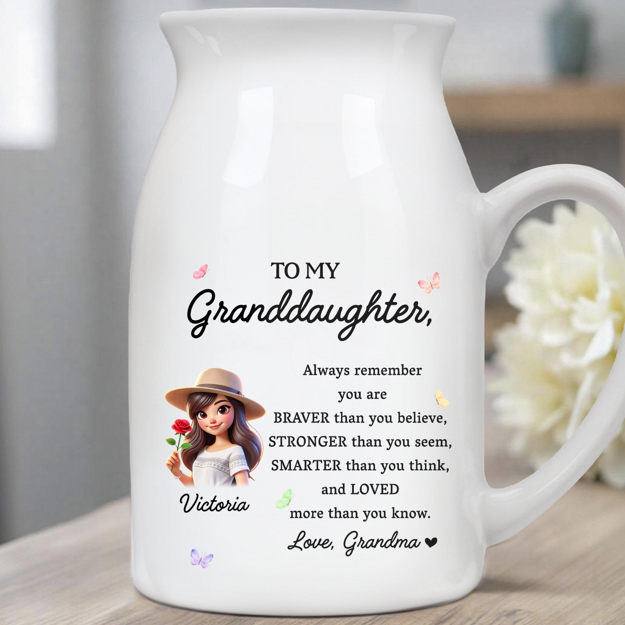 Braver, Stronger, Smarter, Loved Granddaughter Inspirational Message - Personalized Ceramic Flower Vase