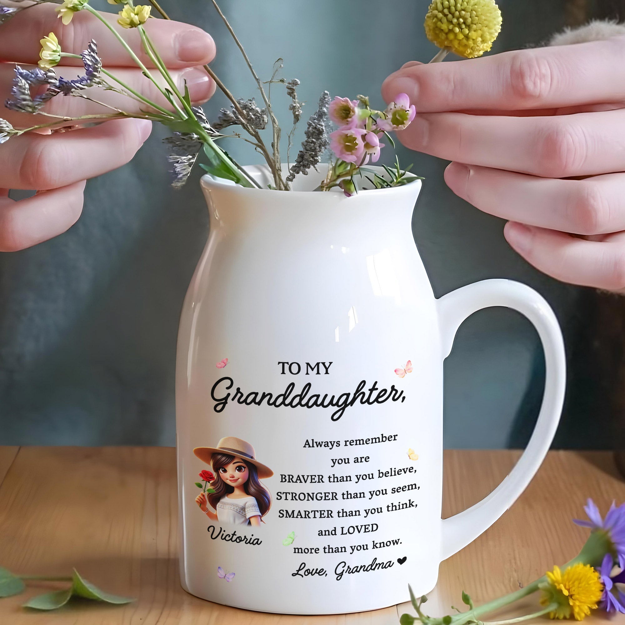 Braver, Stronger, Smarter, Loved Granddaughter Inspirational Message - Personalized Ceramic Flower Vase