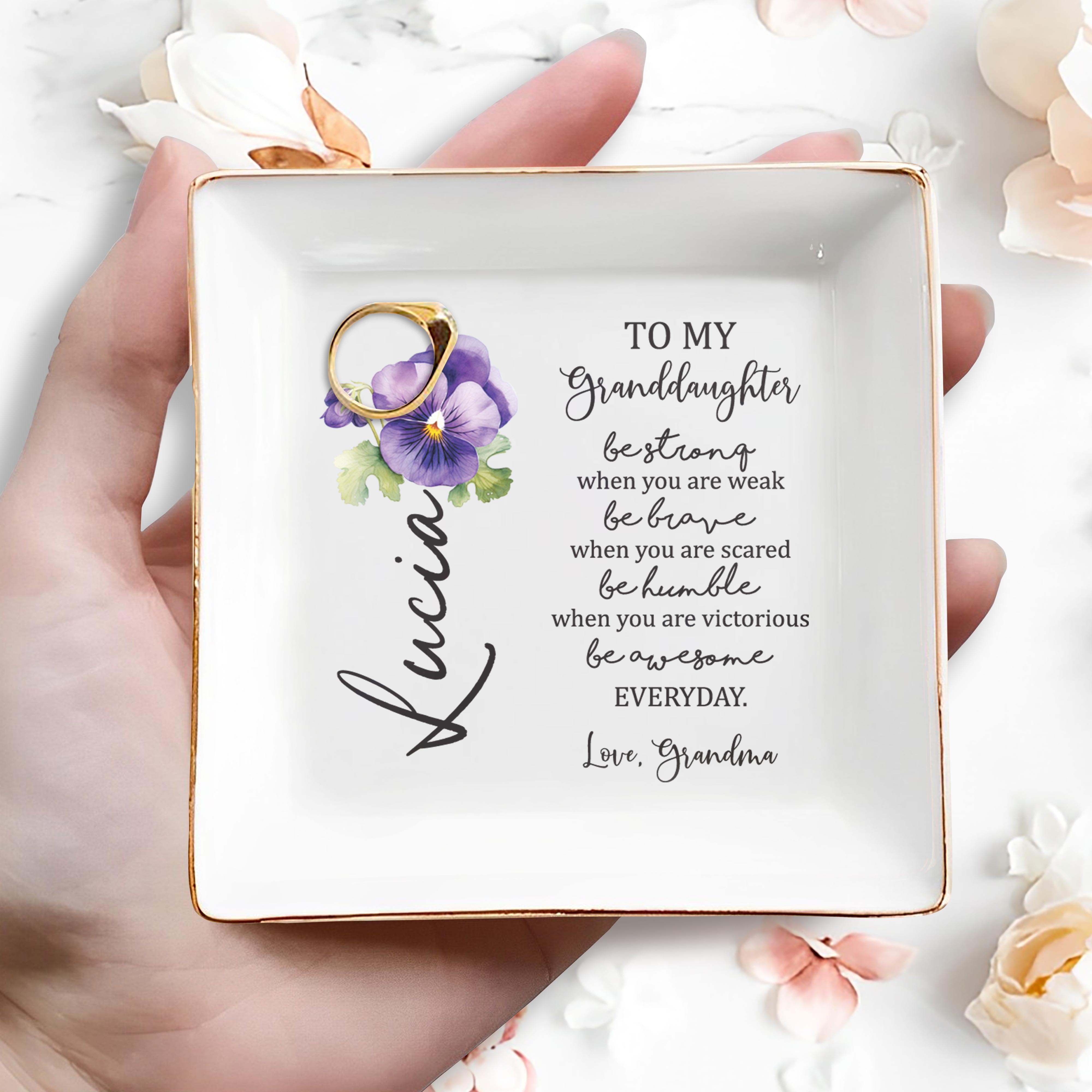 Be Strong, Brave, Humble, and Awesome Everyday Pansy Flower Design - Personalized Custom Jewelry Dish - GDT042_SCRD