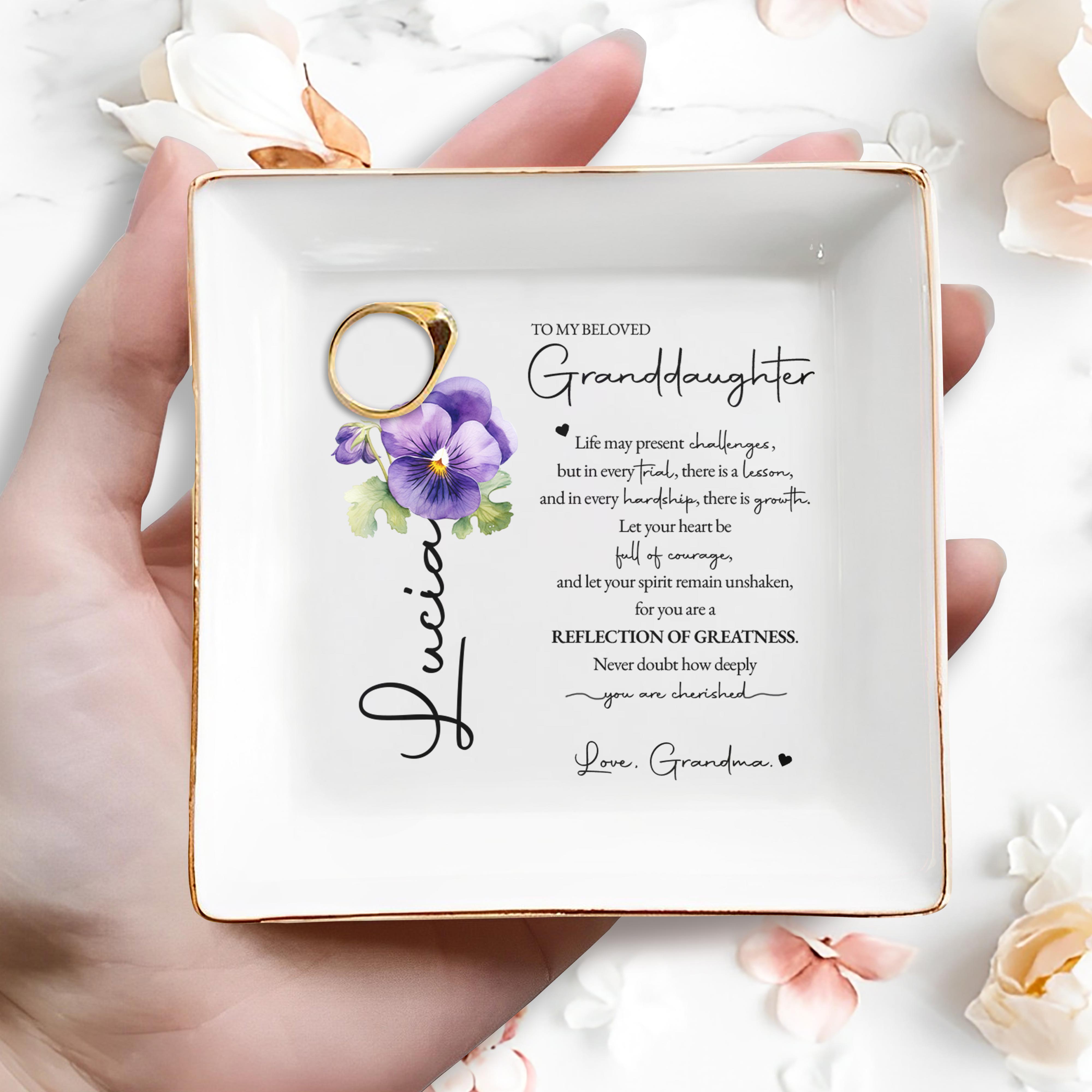 Reflection Of Greatness Pansy Flower Jewelry Dish - Personalized Custom Jewelry Dish - GDT050_SCRD