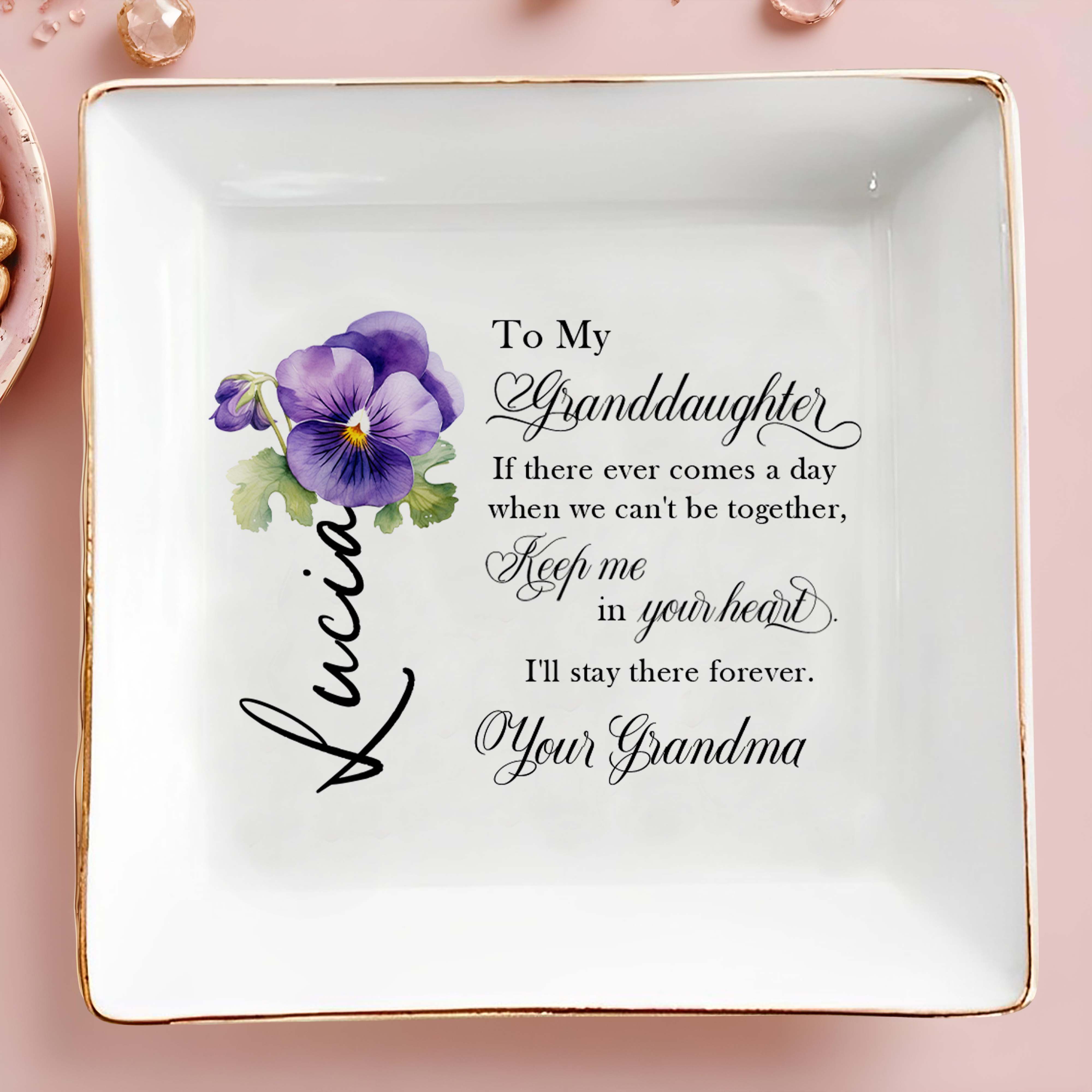 Keep Me In Your Heart Forever Pansy Flower Design - Personalized Custom Jewelry Dish - GDT056_SCRD