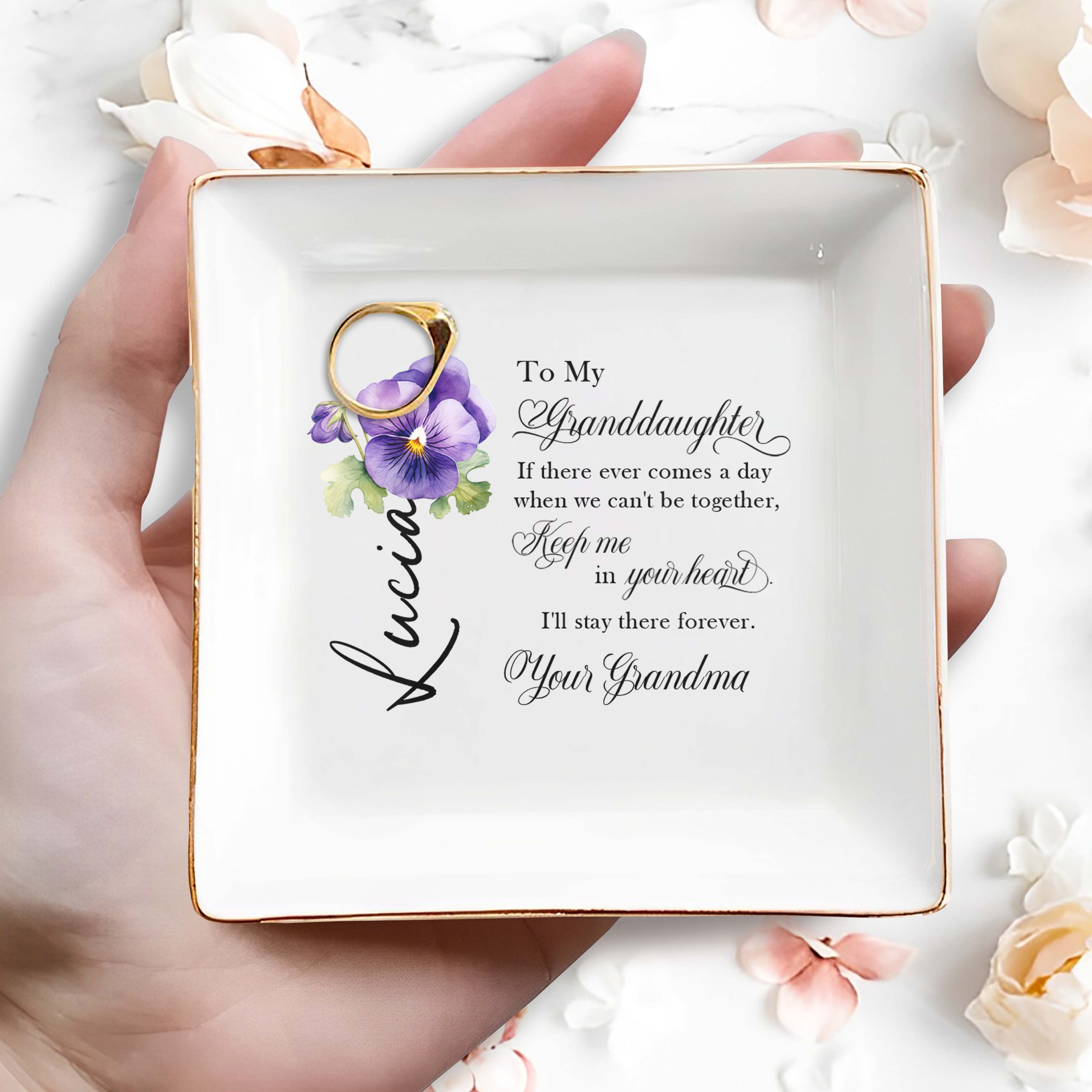 Keep Me In Your Heart Forever Pansy Flower Design - Personalized Custom Jewelry Dish - GDT056_SCRD