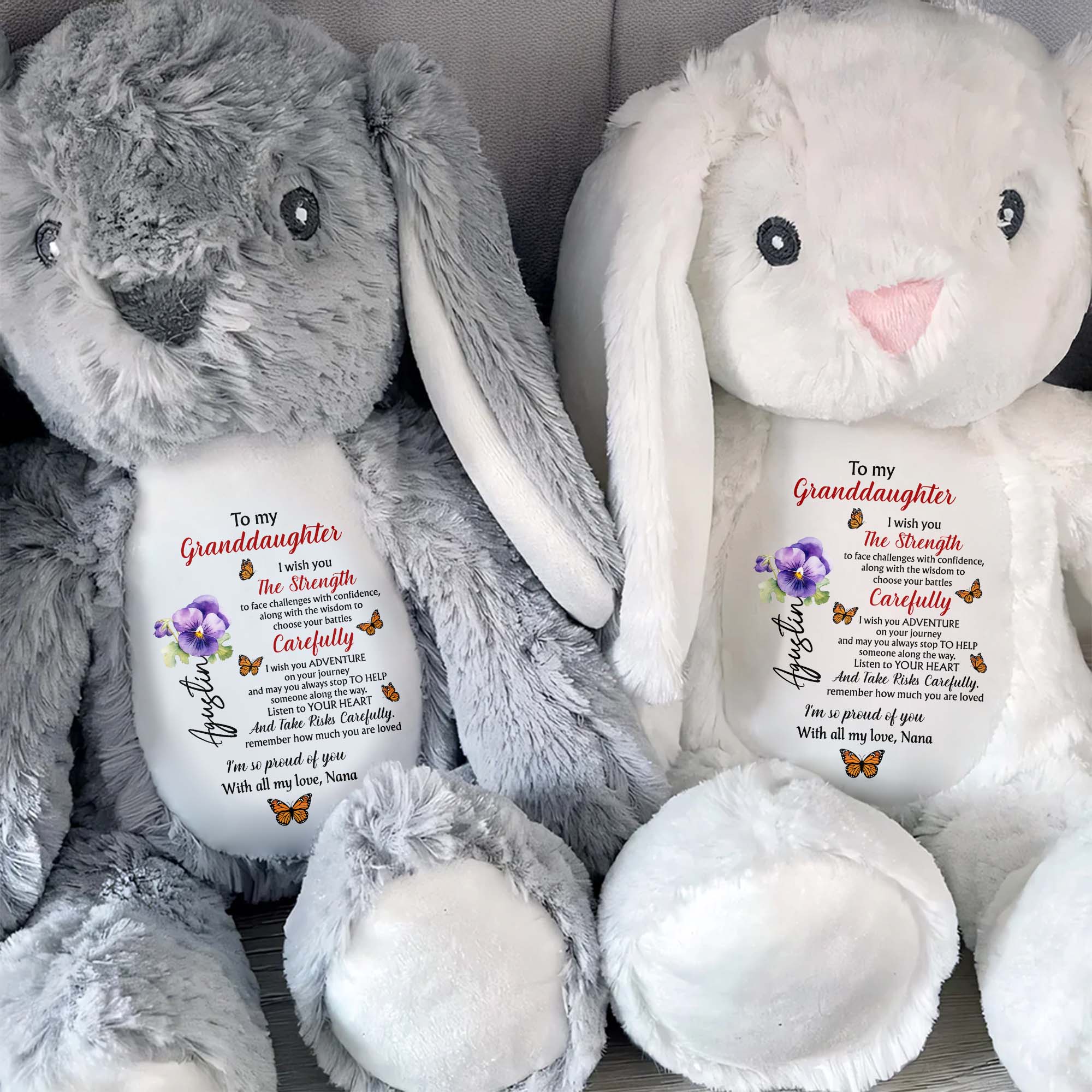 To My Granddaughter, I Wish You The Strength, Flowers and Butterflies - Personalized Stuffed Bunny - GDT060_BUN