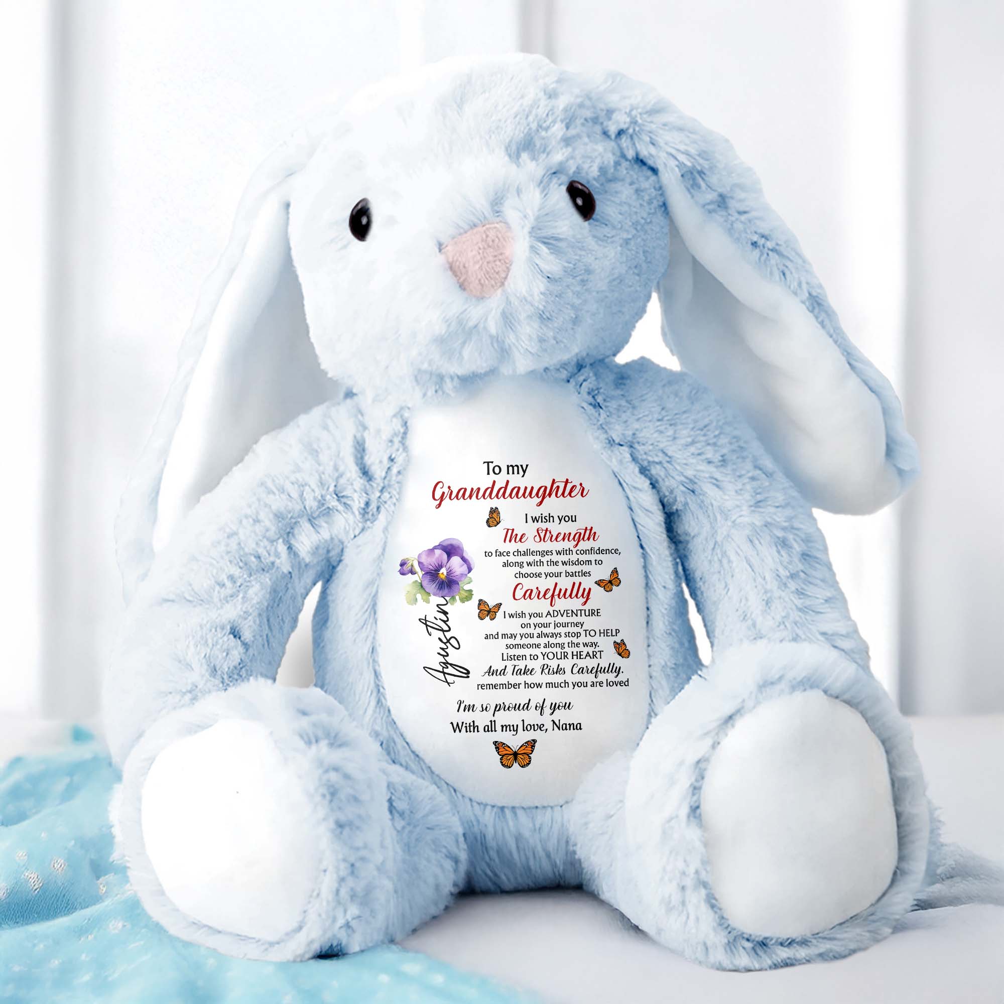 To My Granddaughter, I Wish You The Strength, Flowers and Butterflies - Personalized Stuffed Bunny - GDT060_BUN