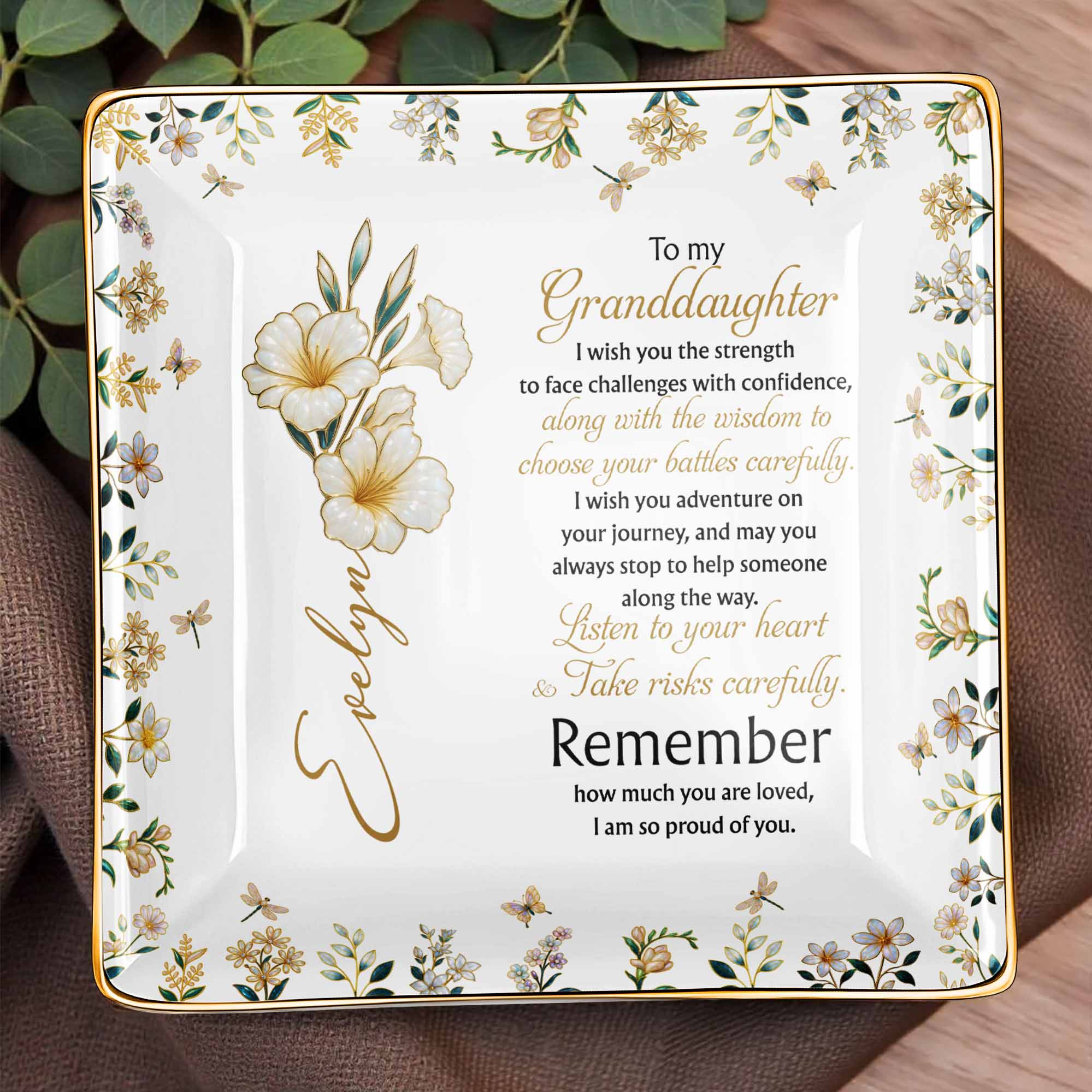 To My Granddaughter Strength and Wisdom With Flowers - Personalized Custom Jewelry Dish, Ceramic Dish, Square Shape - GDT060_SCRF