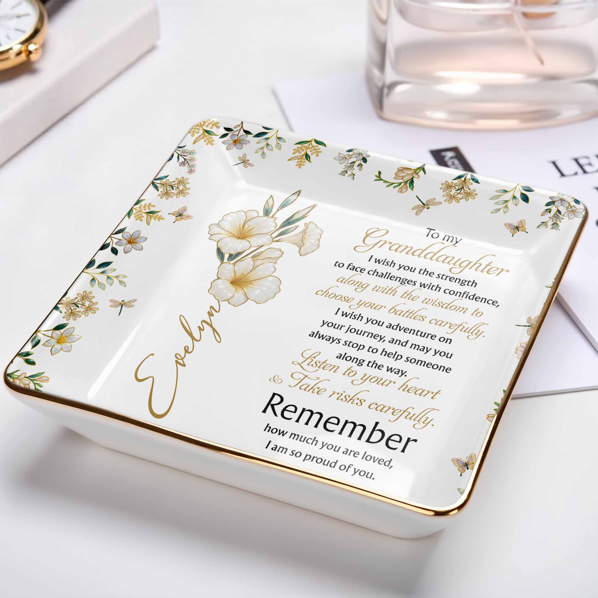 To My Granddaughter Strength and Wisdom With Flowers - Personalized Custom Jewelry Dish, Ceramic Dish, Square Shape - GDT060_SCRF