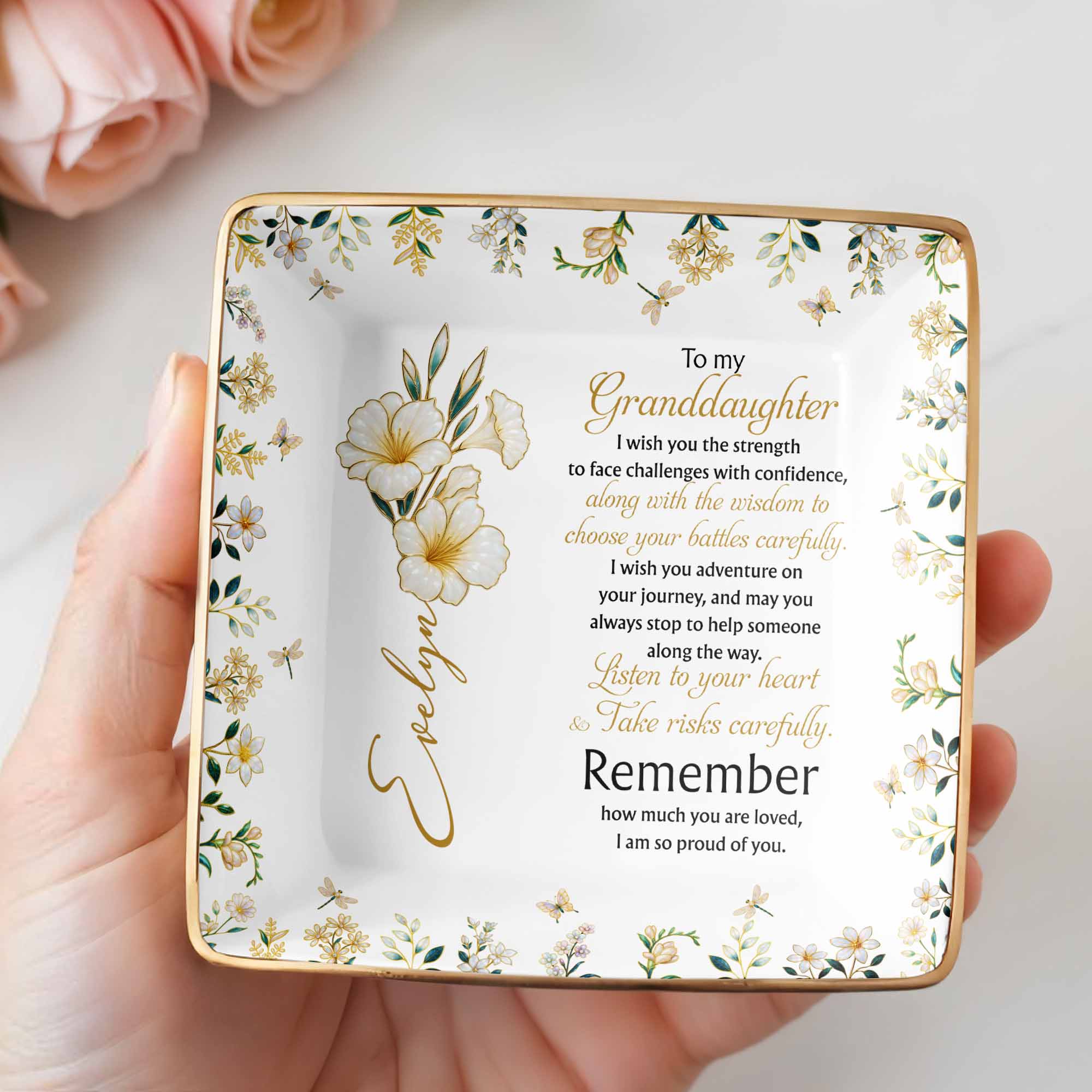 To My Granddaughter Strength and Wisdom With Flowers - Personalized Custom Jewelry Dish, Ceramic Dish, Square Shape - GDT060_SCRF