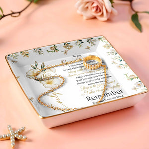 To My Granddaughter Strength and Wisdom With Flowers - Personalized Custom Jewelry Dish, Ceramic Dish, Square Shape - GDT060_SCRF