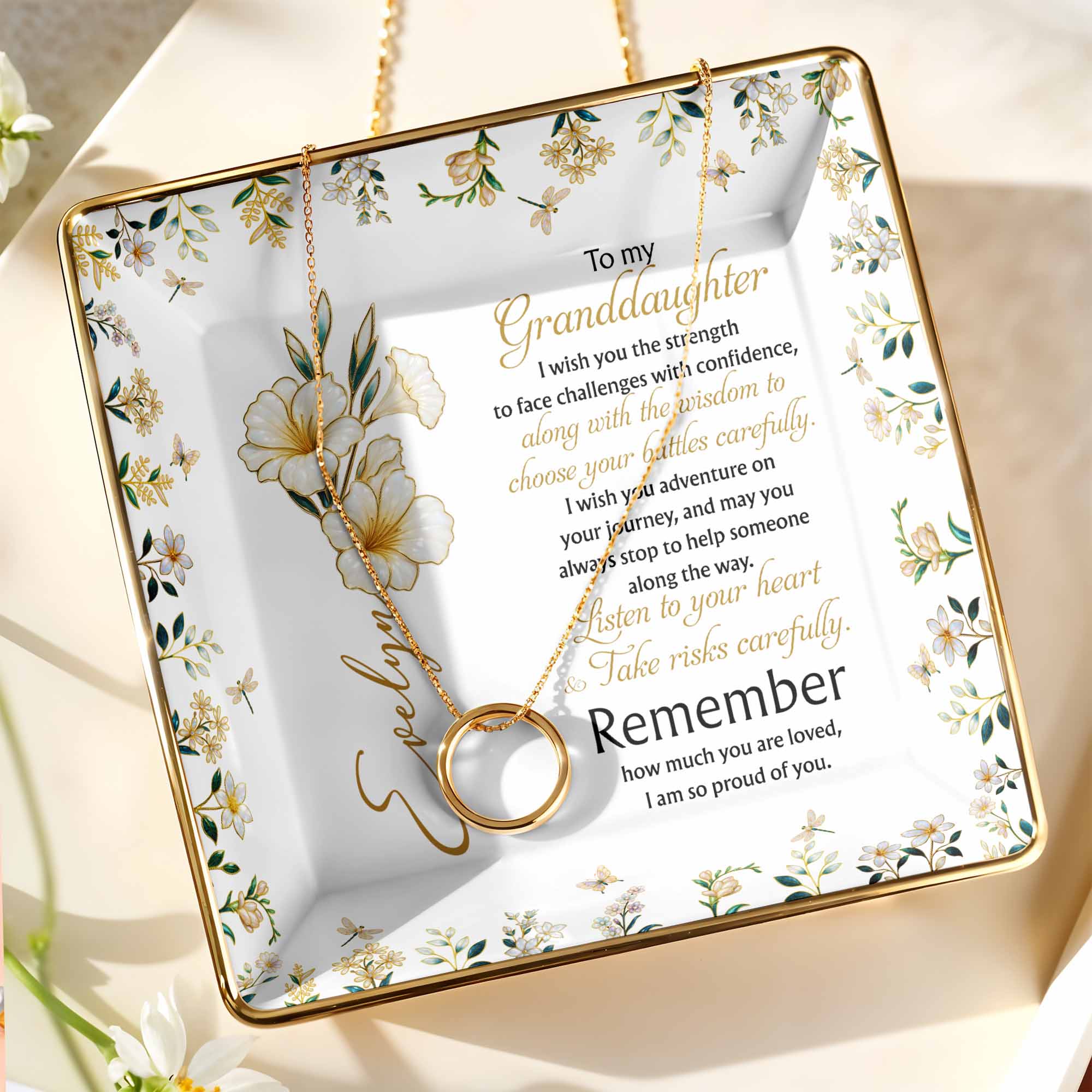 To My Granddaughter Strength and Wisdom With Flowers - Personalized Custom Jewelry Dish, Ceramic Dish, Square Shape - GDT060_SCRF