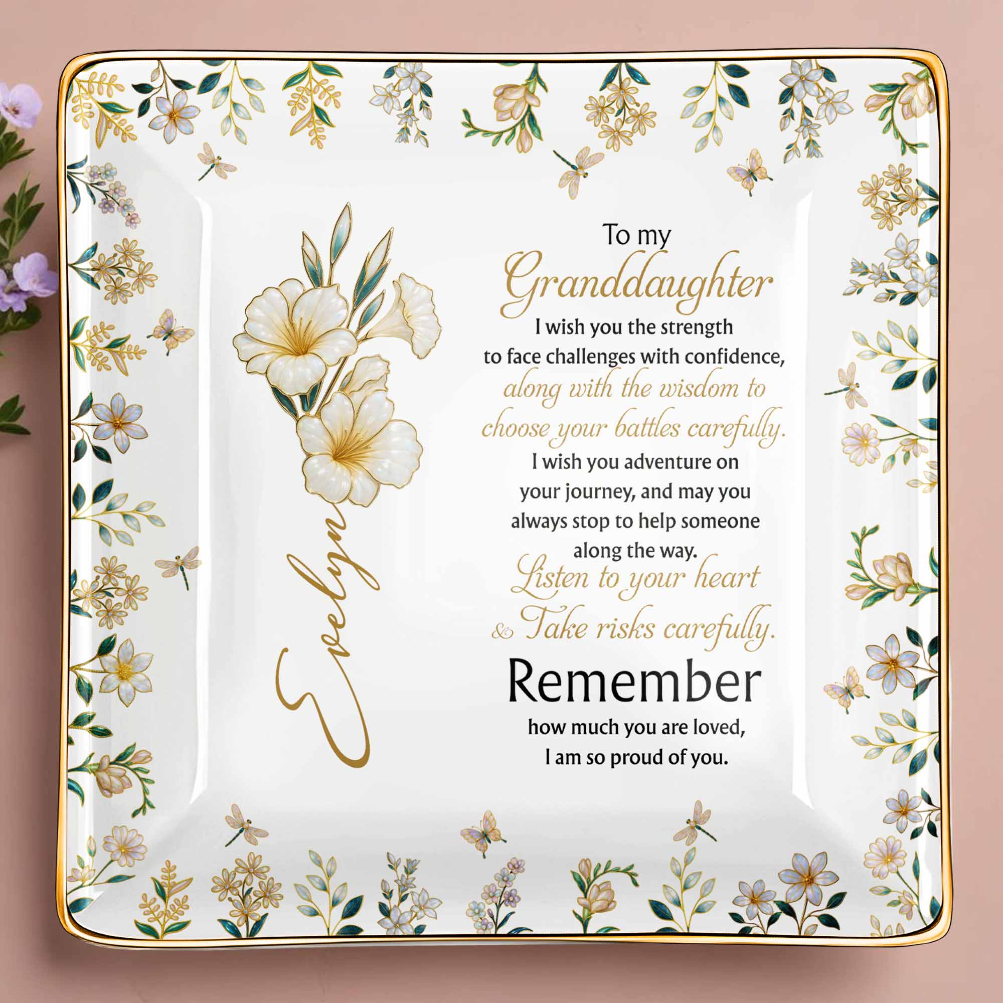 To My Granddaughter Strength and Wisdom With Flowers - Personalized Custom Jewelry Dish, Ceramic Dish, Square Shape - GDT060_SCRF