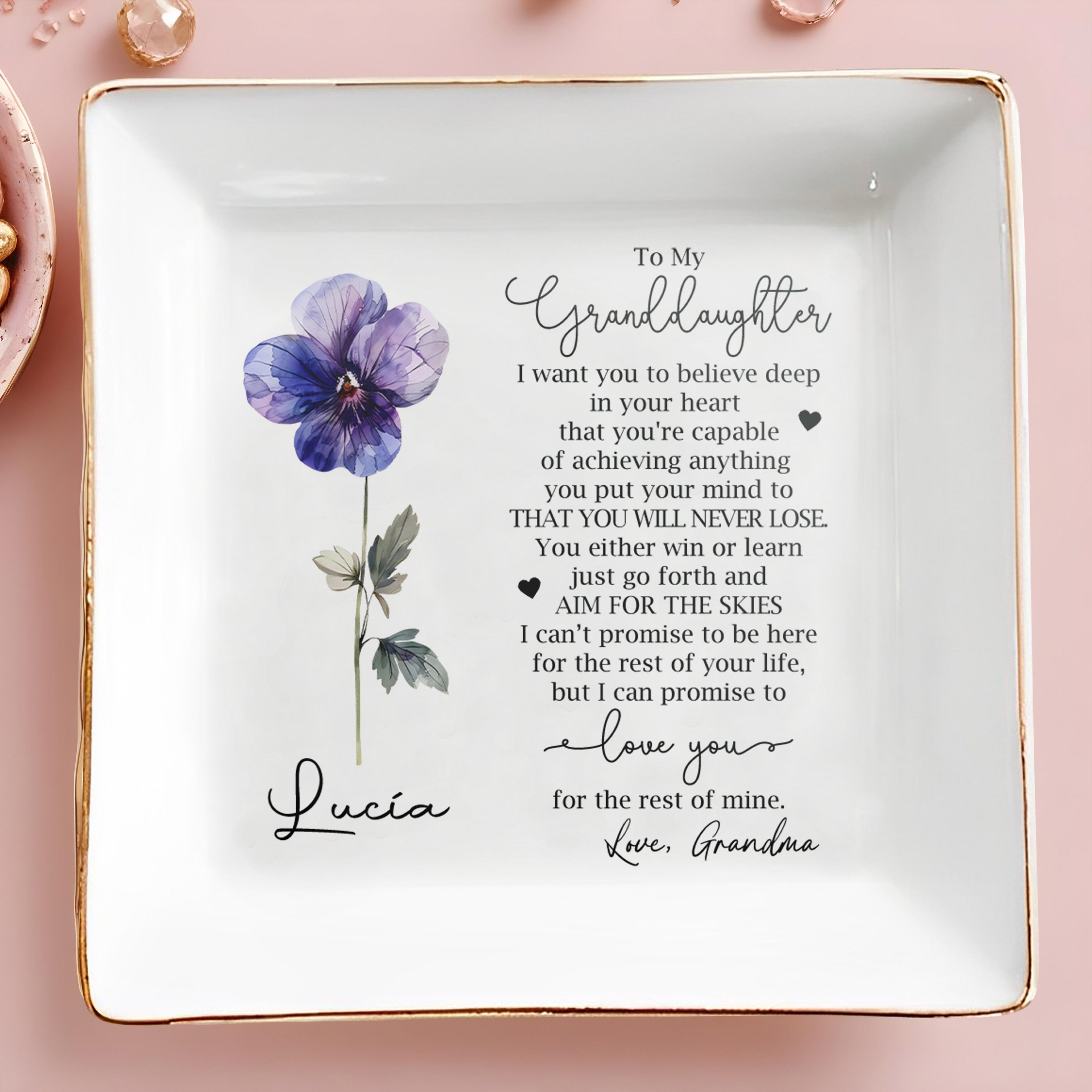 Granddaughter Encouragement Quote With Floral Design - Personalized Custom Jewelry Dish - GDT062_SCRD