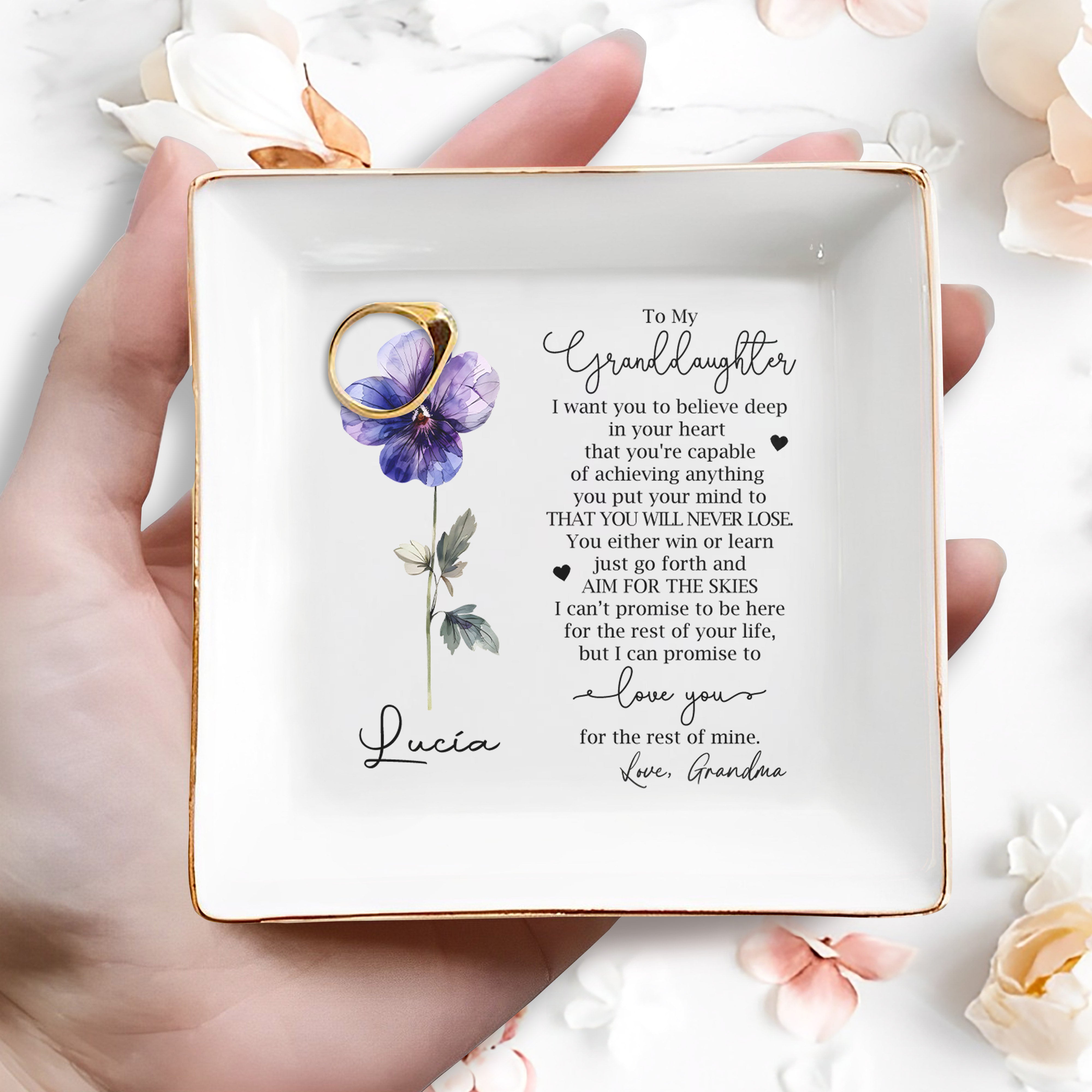 Granddaughter Encouragement Quote With Floral Design - Personalized Custom Jewelry Dish - GDT062_SCRD