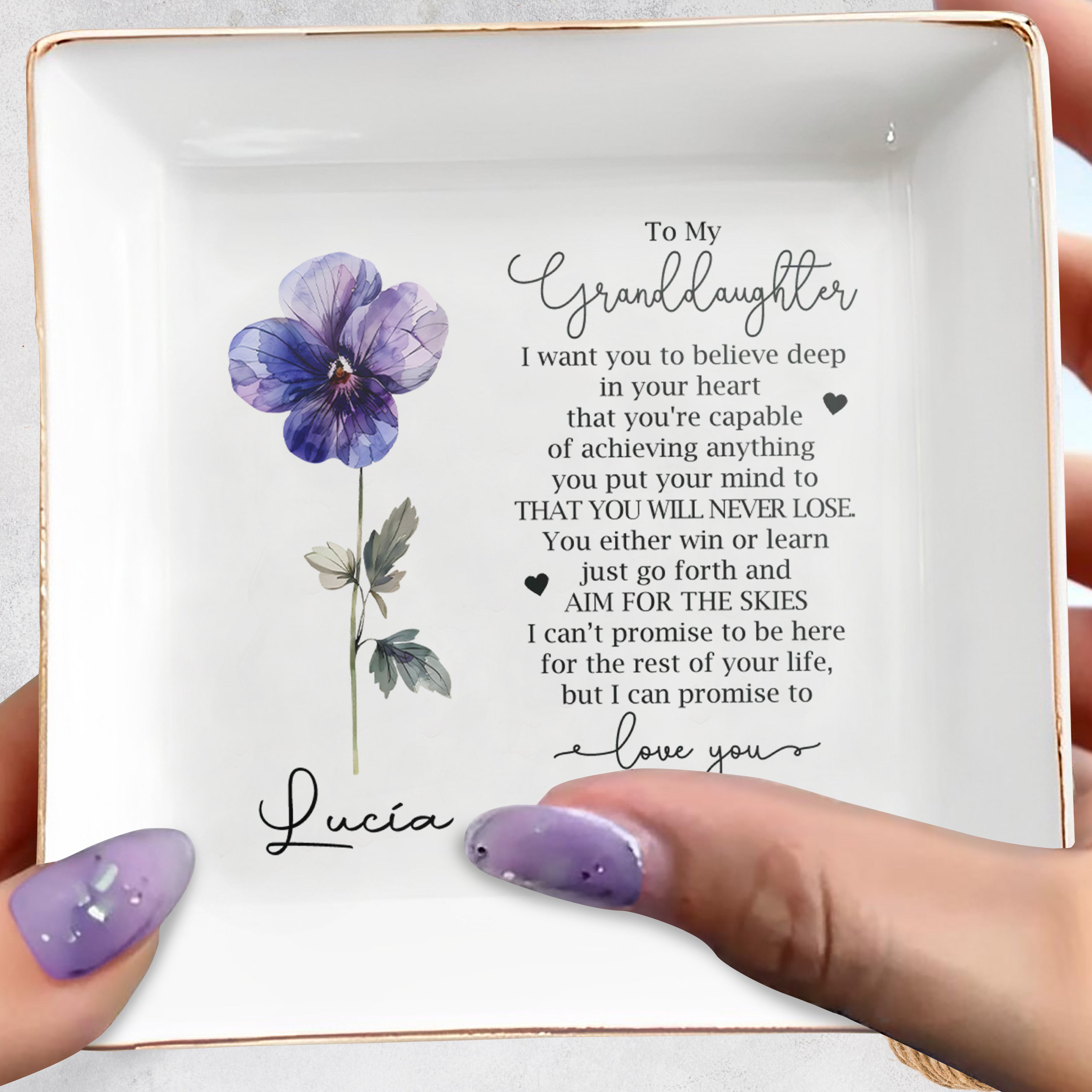 Granddaughter Encouragement Quote With Floral Design - Personalized Custom Jewelry Dish - GDT062_SCRD