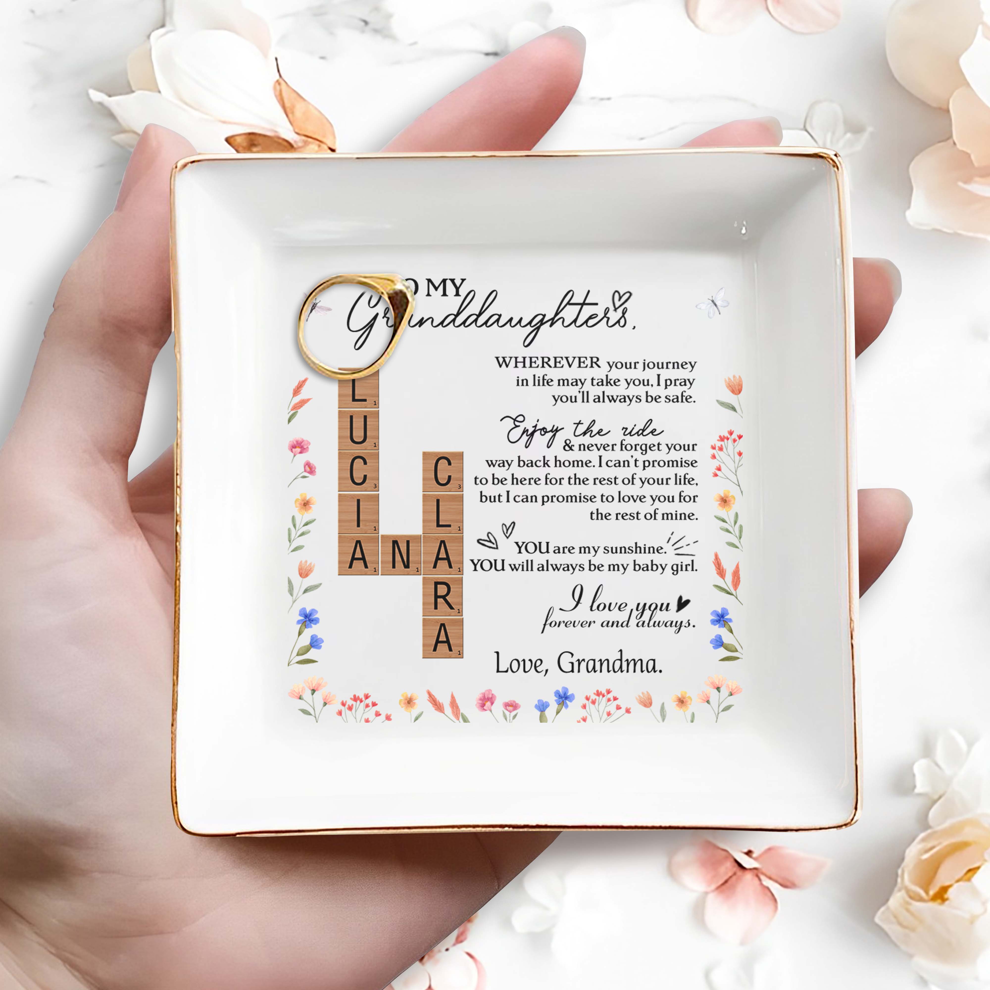Granddaughter Journey and Ride Floral Inspirational Dish - Personalized Custom Jewelry Dish - GDT072_SCRD